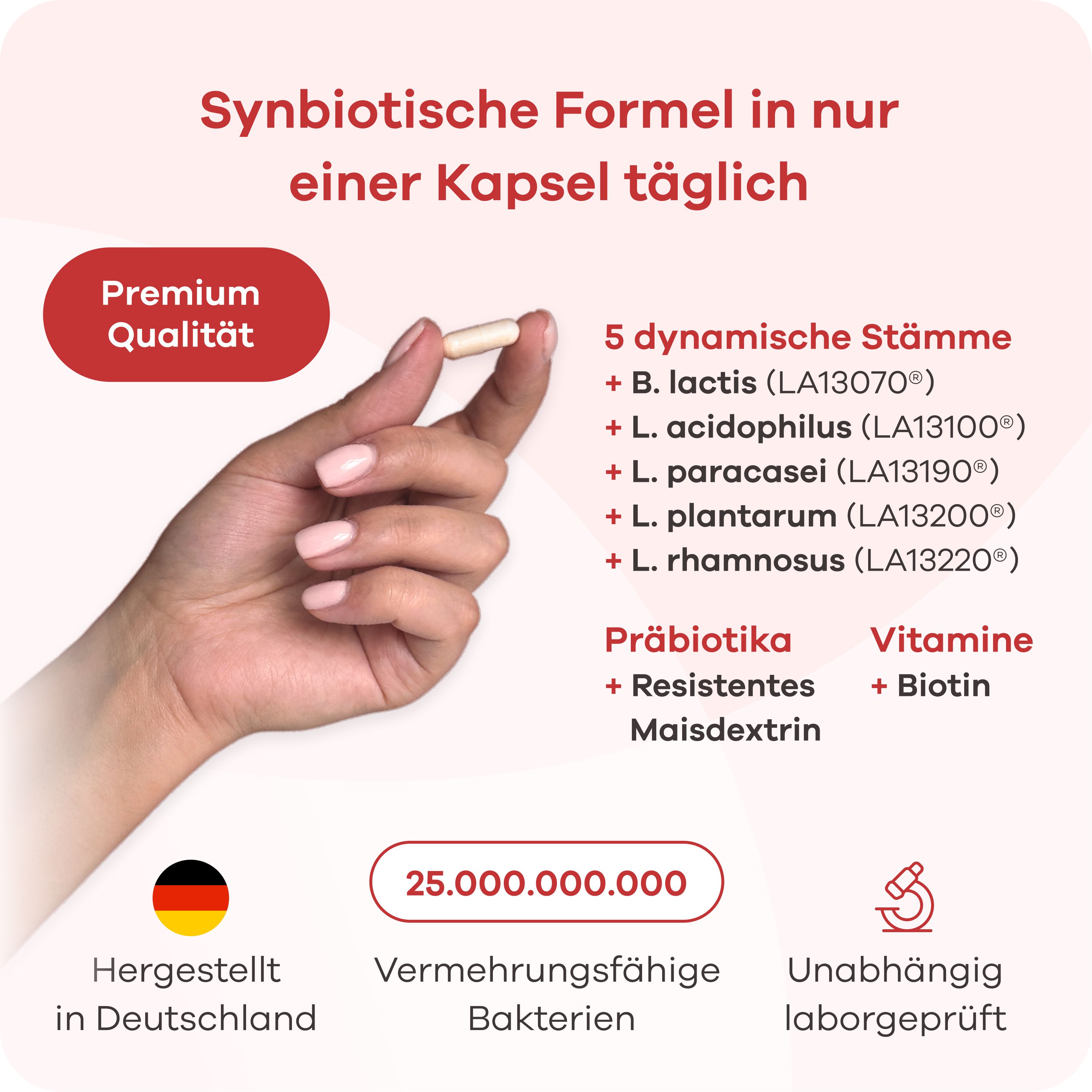 Hand hält Kapsel. Text: Synbiotische Formel in nur einer Kapsel täglich. 5 dynamische Stämme. 25.000.000.000 vermehrungsfähige Bakterien. Hergestellt in Deutschland.