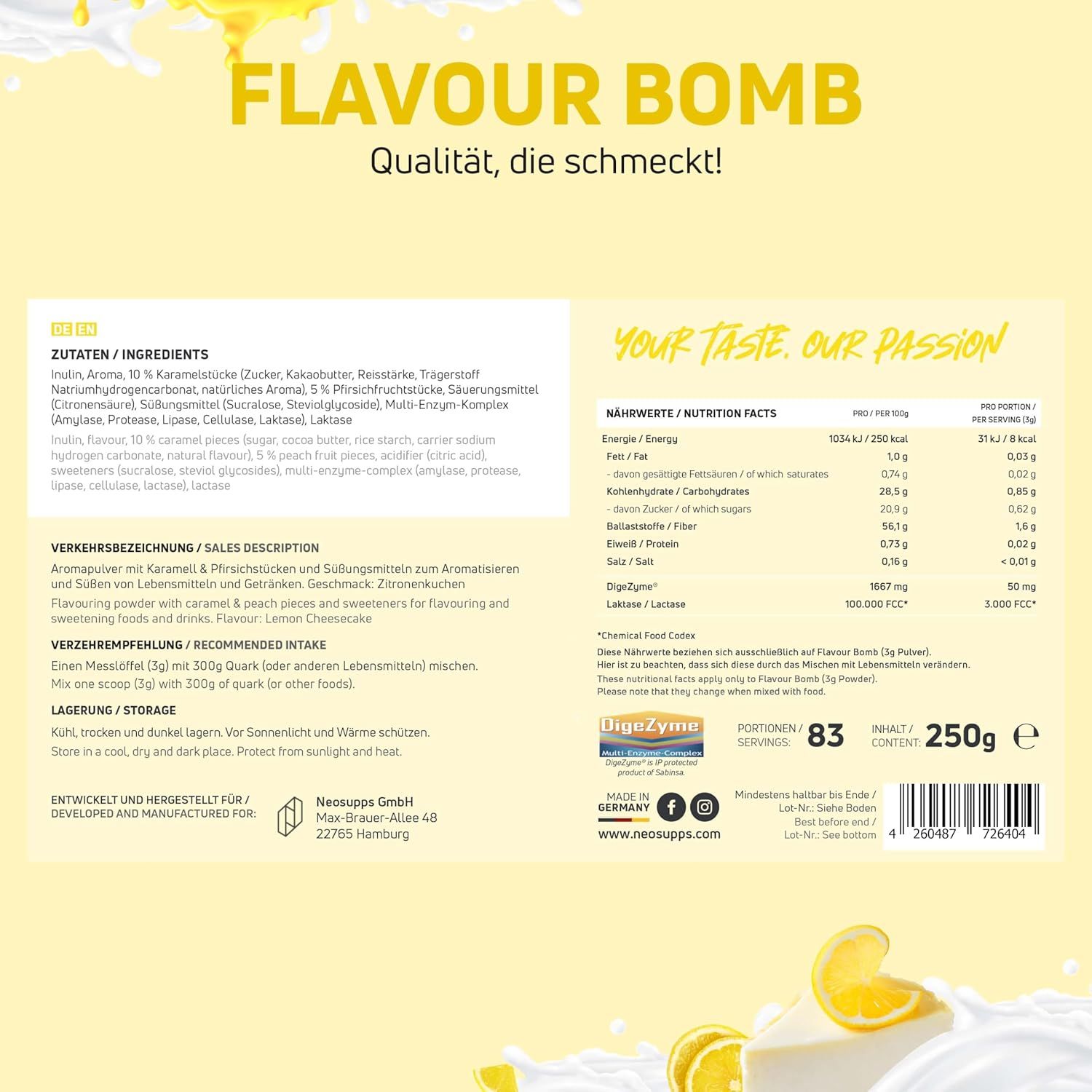Produktetikett mit Inhaltsstoffen und Nährwertangaben. Text: FLAVOUR BOMB, Qualität, die schmeckt! Hergestellt in Deutschland.