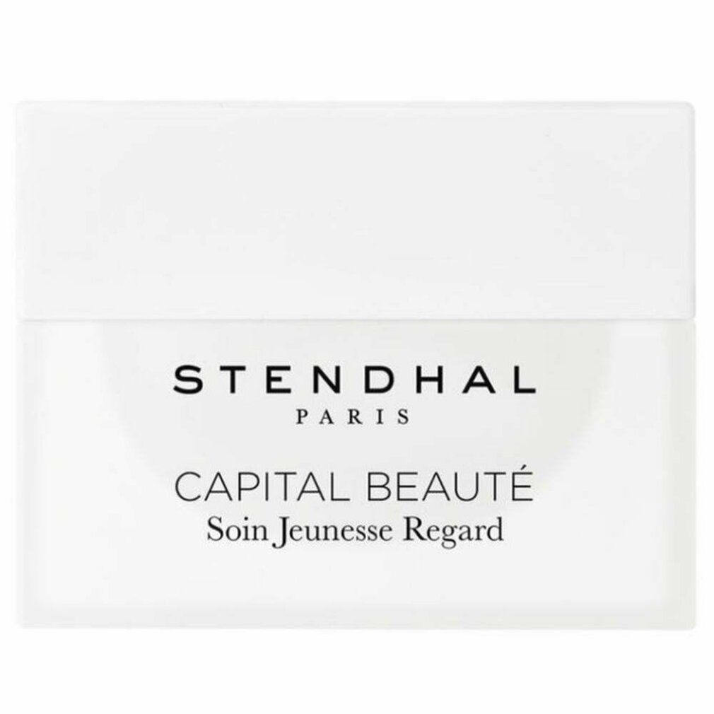 Weißer Tiegel mit Deckel. Aufschrift: STENDHAL PARIS, CAPITAL BEAUTÉ Soin Jeunesse Regard.