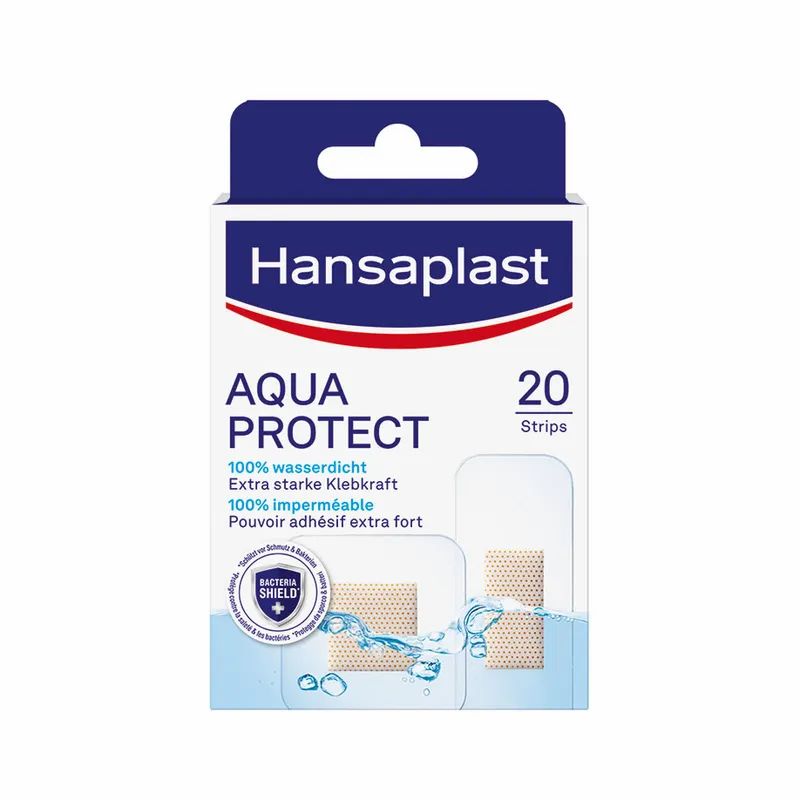 Verpackung mit Hansaplast Aqua Protect Pflastern. 20 Stück. Wasserdicht, extra starke Klebkraft. Mit Bacteria Shield.
