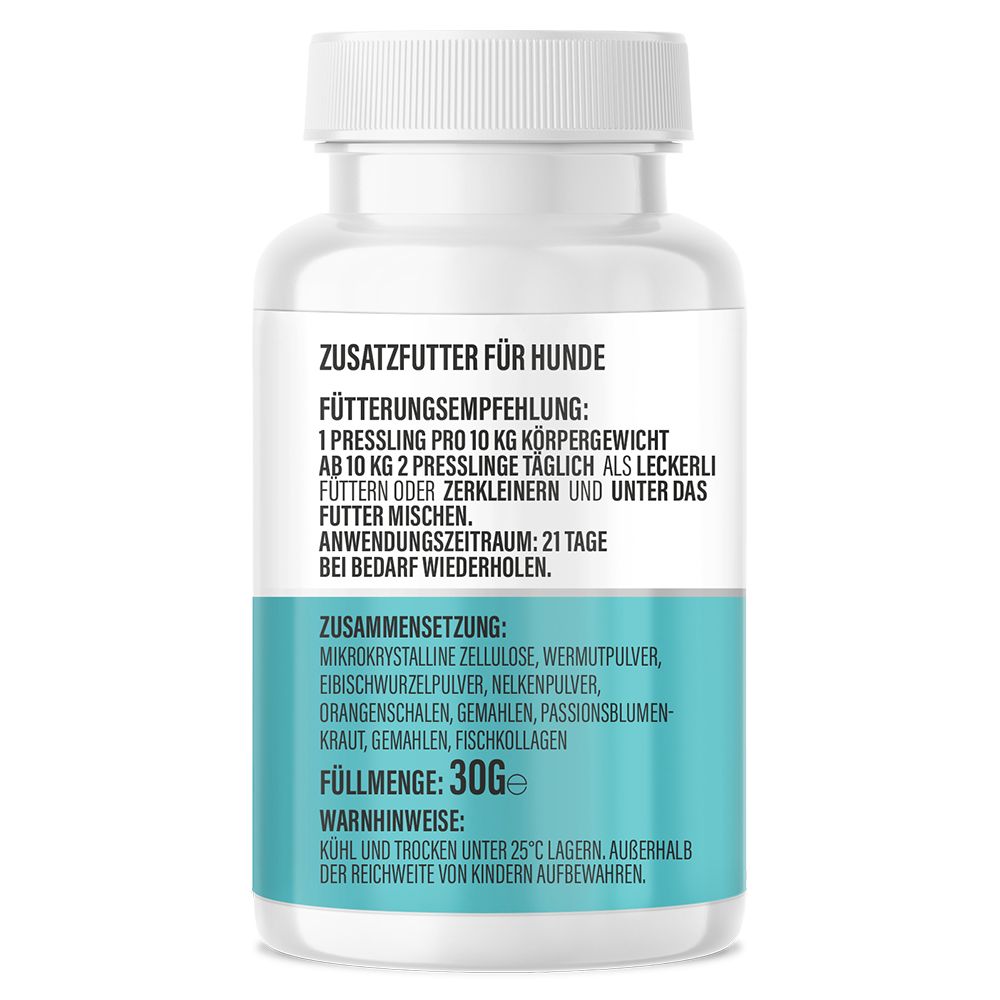 Weiße Flasche mit blauer Banderole. Text: Zusatzfutter für Hunde, Füllmenge 30g. Warnhinweise.