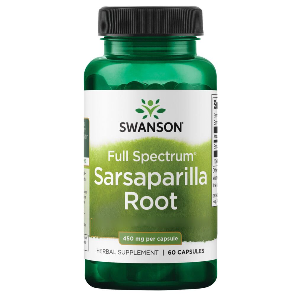 Grüne Flasche mit schwarzem Deckel. Aufschrift: SWANSON Sarsaparilla Root, 450 mg pro Kapsel. 60 Kapseln.