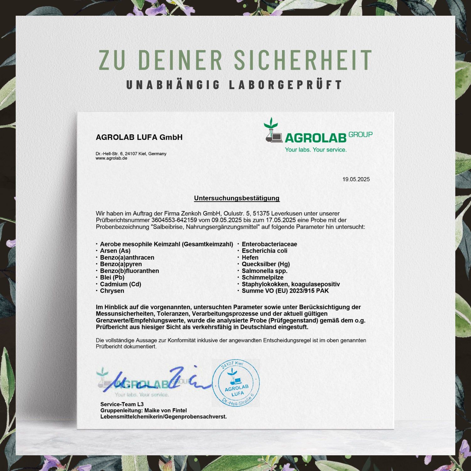 Laborbericht. Text: Zu Deiner Sicherheit, unabhängig laborgeprüft. Agrolab LUFA GmbH. Untersuchungsergebnis, Analyseparameter.