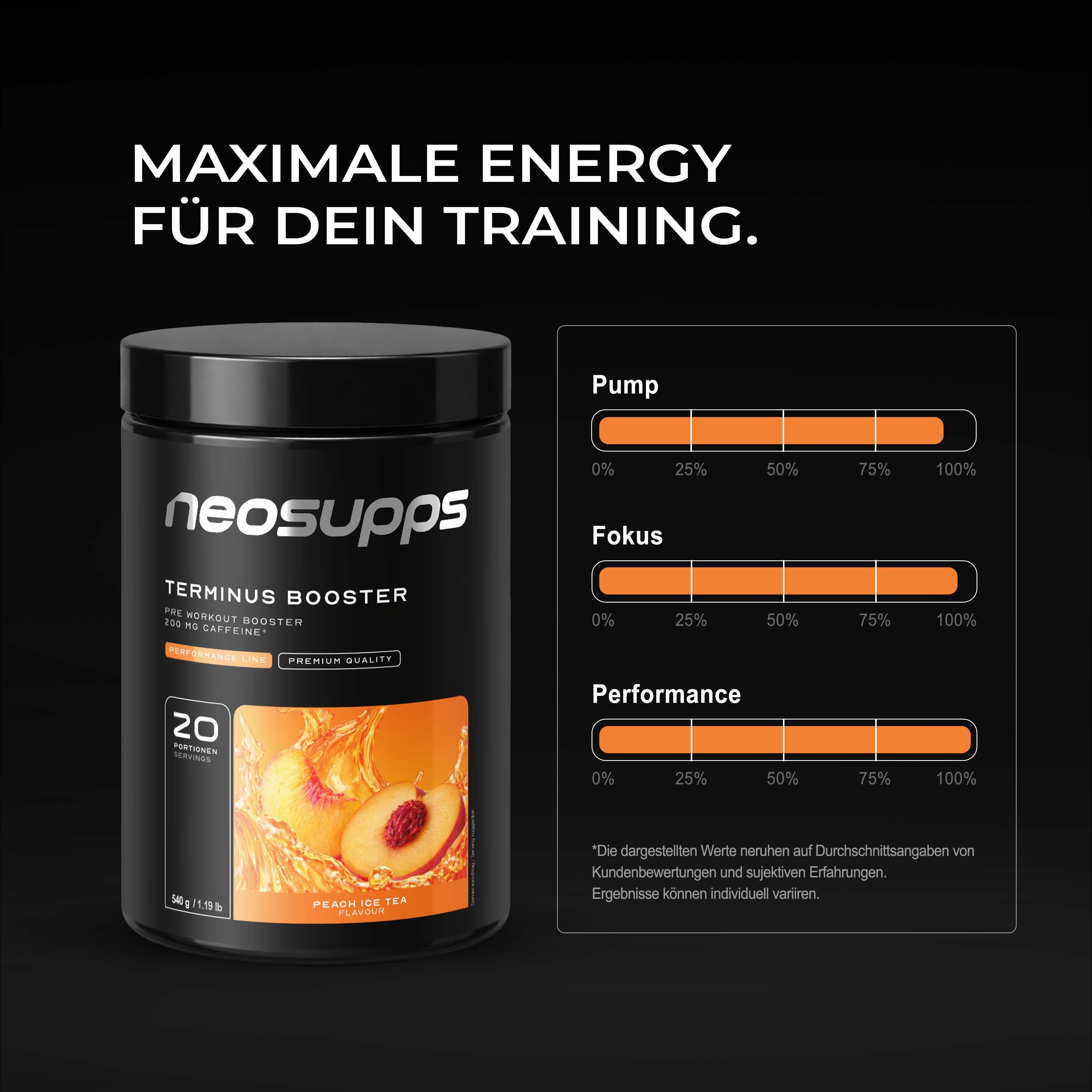 Schwarze Dose "neosupps Terminus Booster". Text: 20 Portionen, Peach Ice Tea. Grafiken: Pump, Fokus, Performance.