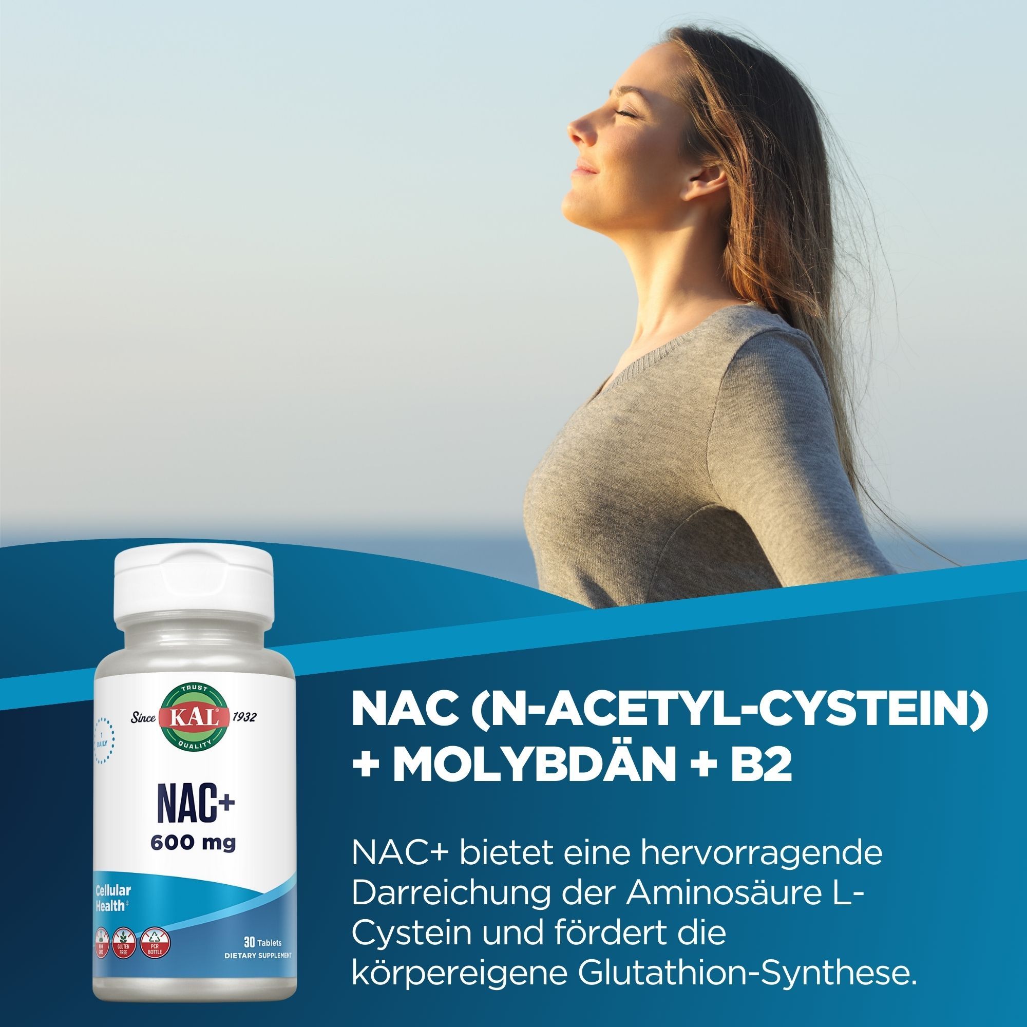 Eine Frau atmet ein. Daneben eine Flasche mit NAC+ 600 mg. Text: NAC (N-Acetyl-Cystein) + MOLYBDÄN + B2.