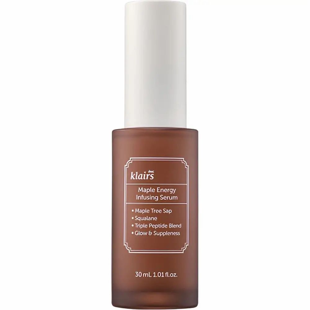 Braune Flasche mit weißem Deckel. Aufschrift: klairs Maple Energy Infusing Serum. 30 ml.