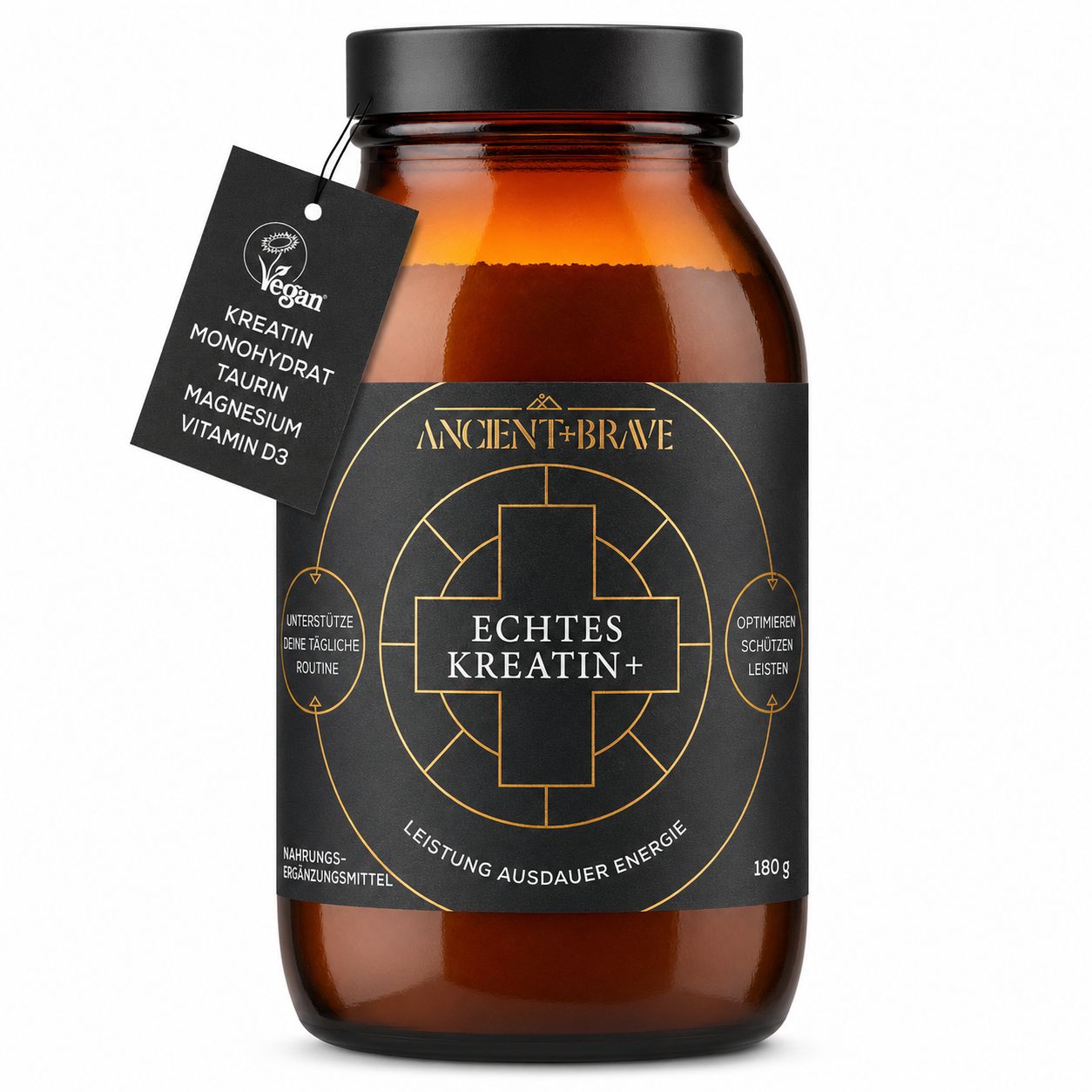 Braune Glasflasche mit True Creatine+ Etikett und einem veganen Siegel. Enthält Kreatin Monohydrat, Taurin, Magnesium, Vitamin D3.