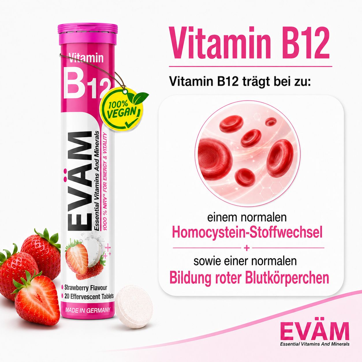 EVÄM Vitamin B12 Brausetabletten: Unterstützt Homocystein-Stoffwechsel und Bildung roter Blutkörperchen. Mit Erdbeeren und 100% vegan Siegel.