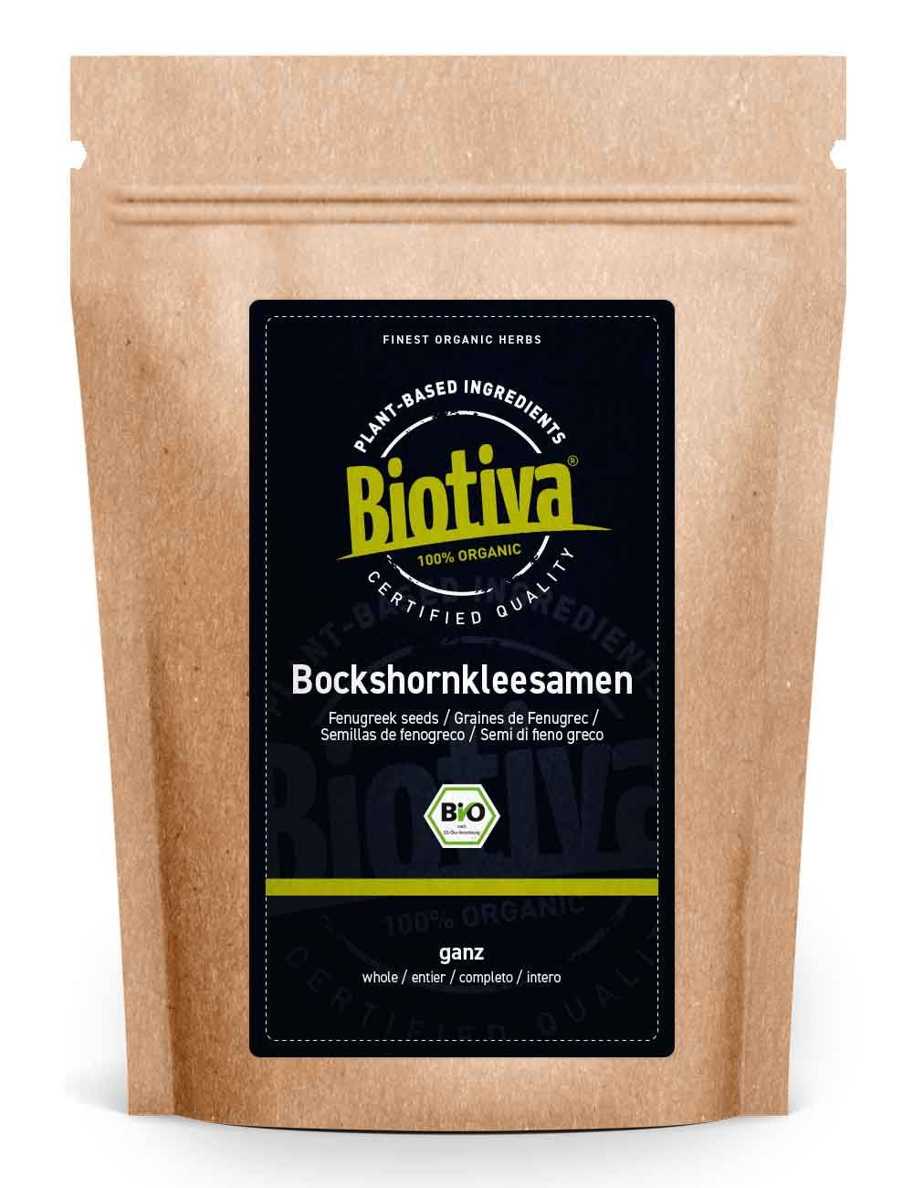Braune Tüte mit schwarzem Etikett. Aufschrift: Biotiva, Bockshornkleesamen ganz Bio. Bio-Siegel.