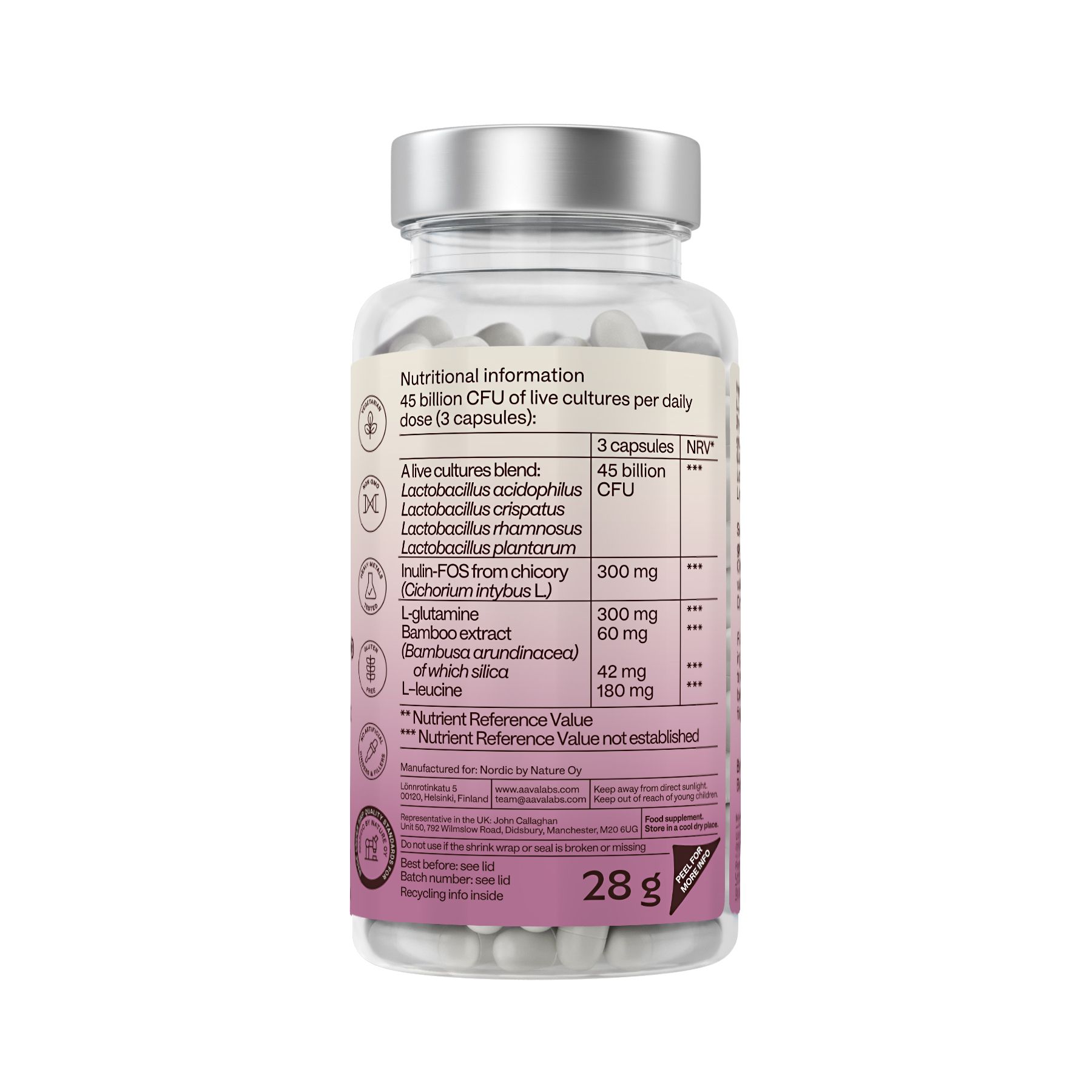 Rückseite der Flasche mit Nährwertangaben. Enthält lebende Kulturen, Inulin, L-Glutamin und weitere Inhaltsstoffe.