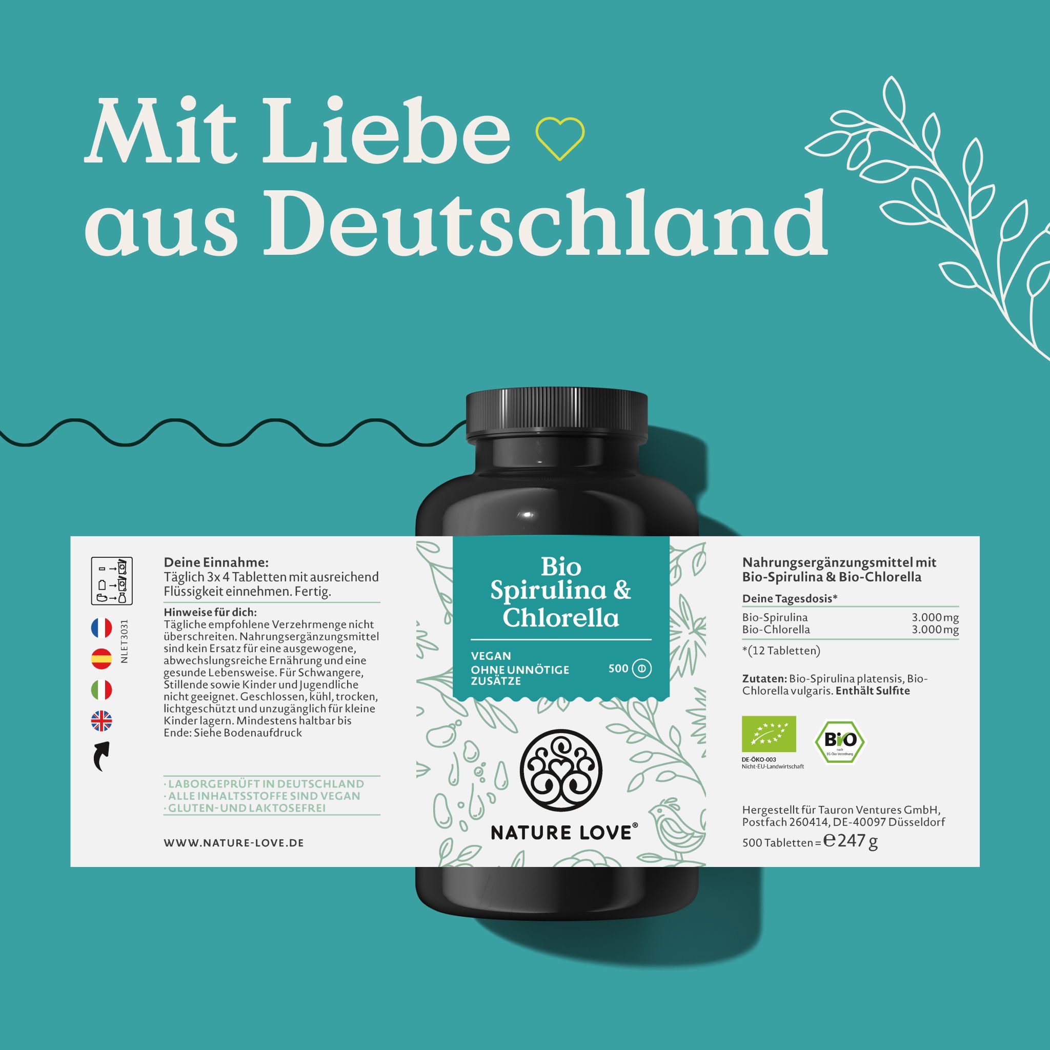 Flasche Bio Spirulina & Chlorella mit Etikett. Text: Nahrungsergänzungsmittel mit Bio-Spirulina & Bio-Chlorella. Logo: NATURE LOVE®. 100 Tabletten.