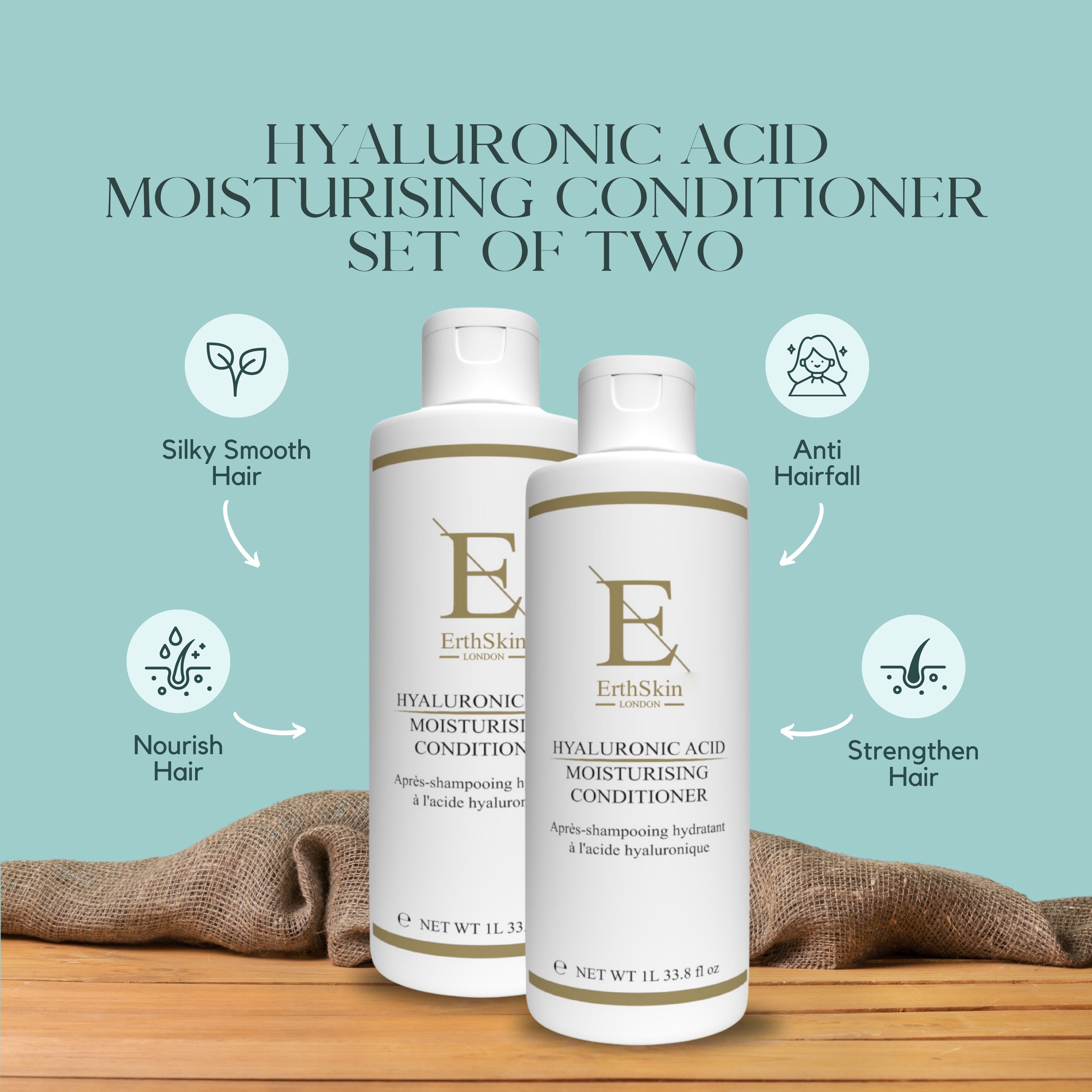 Zwei weiße Flaschen mit goldfarbenen Etiketten. Aufschrift: ErthSkin London, Hyaluronsäure feuchtigkeitsspendender Conditioner. Set von zwei.