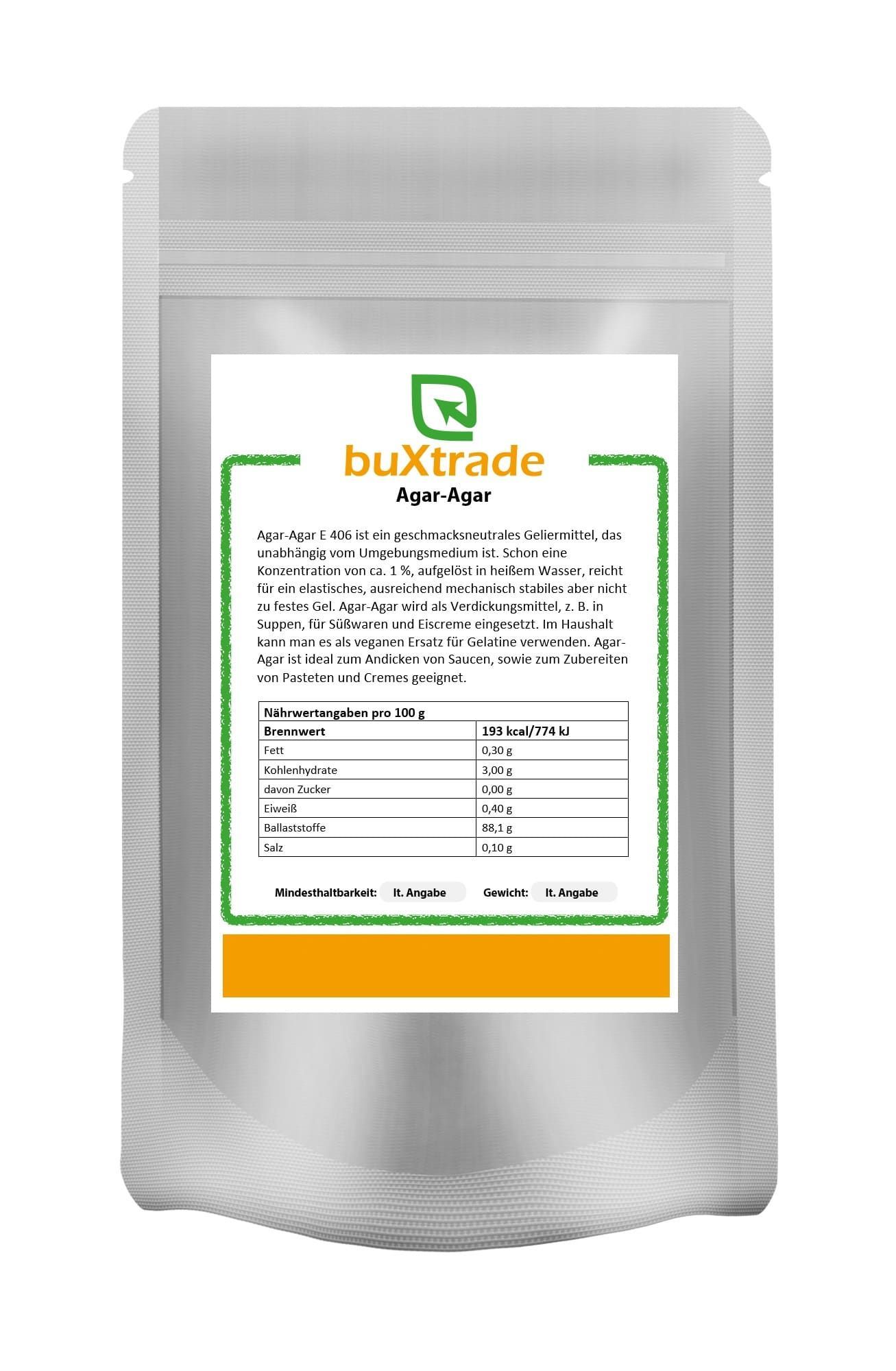 Verpackung von buXtrade Agar Agar Pulver. Weißer Beutel mit Etikett. Grüne und orangefarbene Elemente.