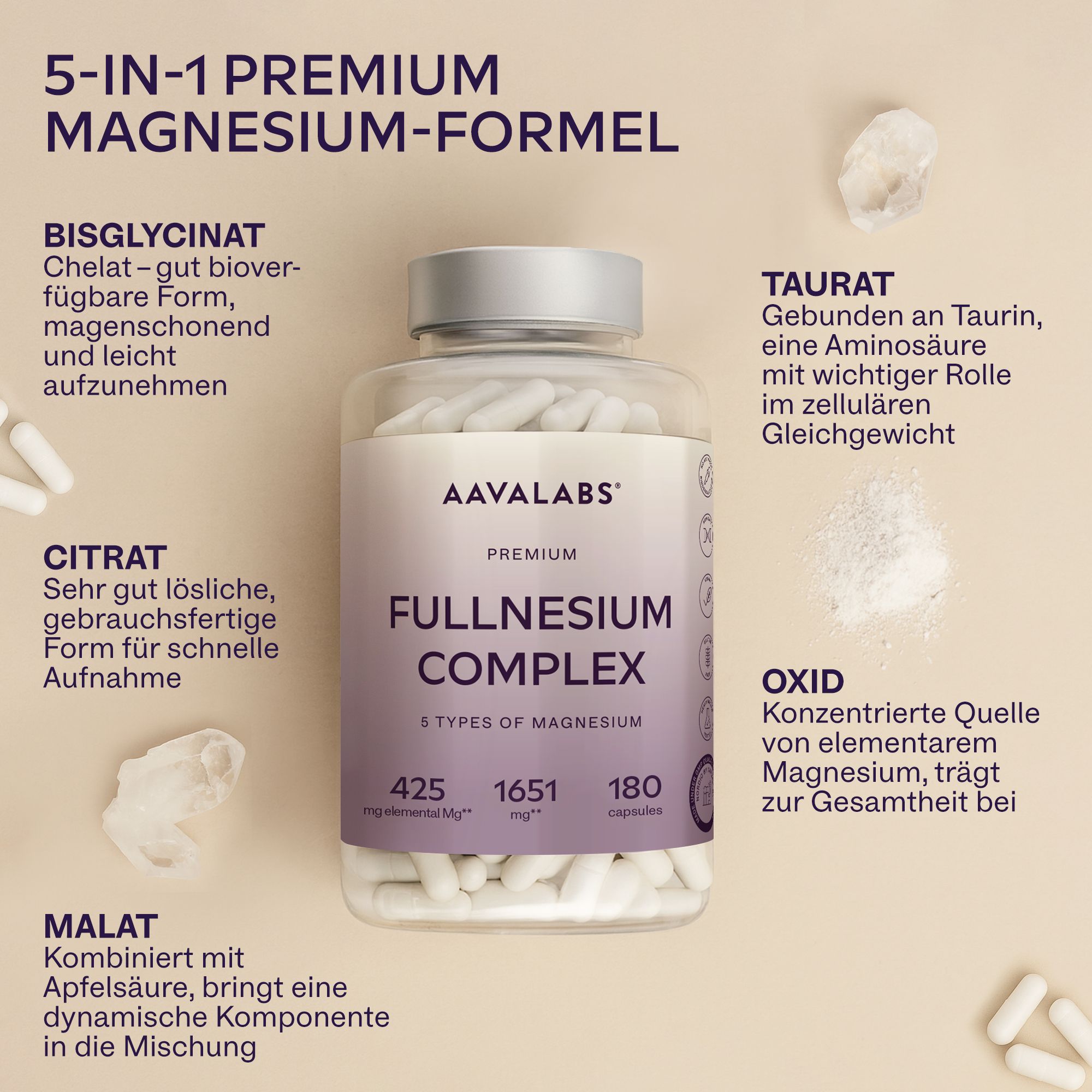 Aavalabs Magnesium Komplex: 5 Magnesiumarten (Bisglycinat, Citrat, Malat, Taurat, Oxid).