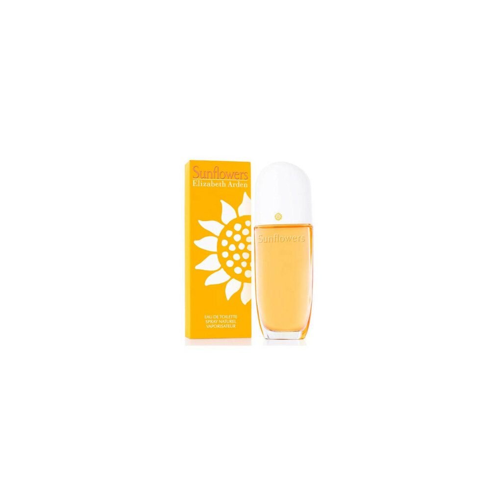 Gelbe Schachtel und Flasche. Aufschrift "Sunflowers" und "Elizabeth Arden".