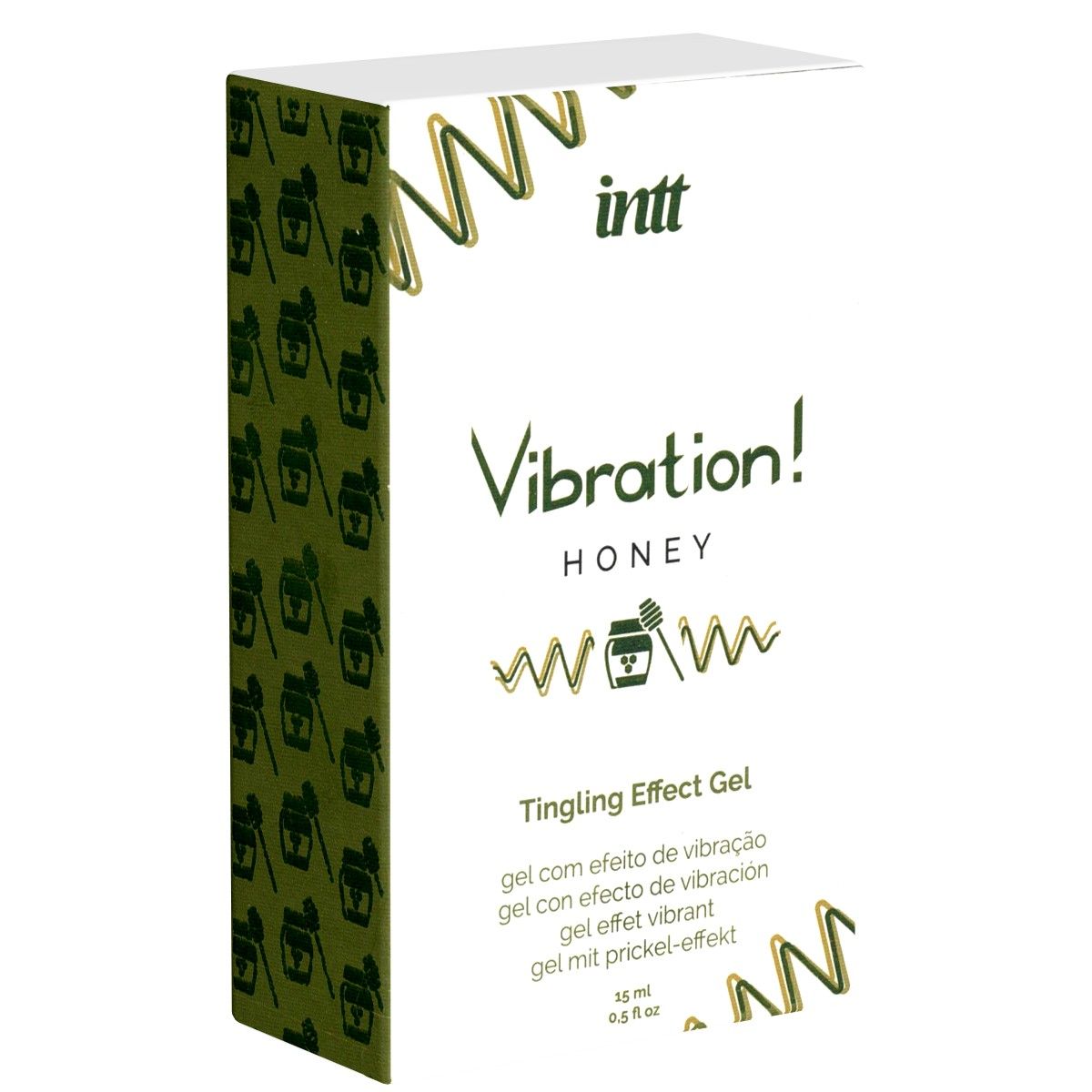 Produktverpackung, weiß mit grüner Schrift. Aufschrift: Vibration! Honey, Tingling Effect Gel. 15 ml.