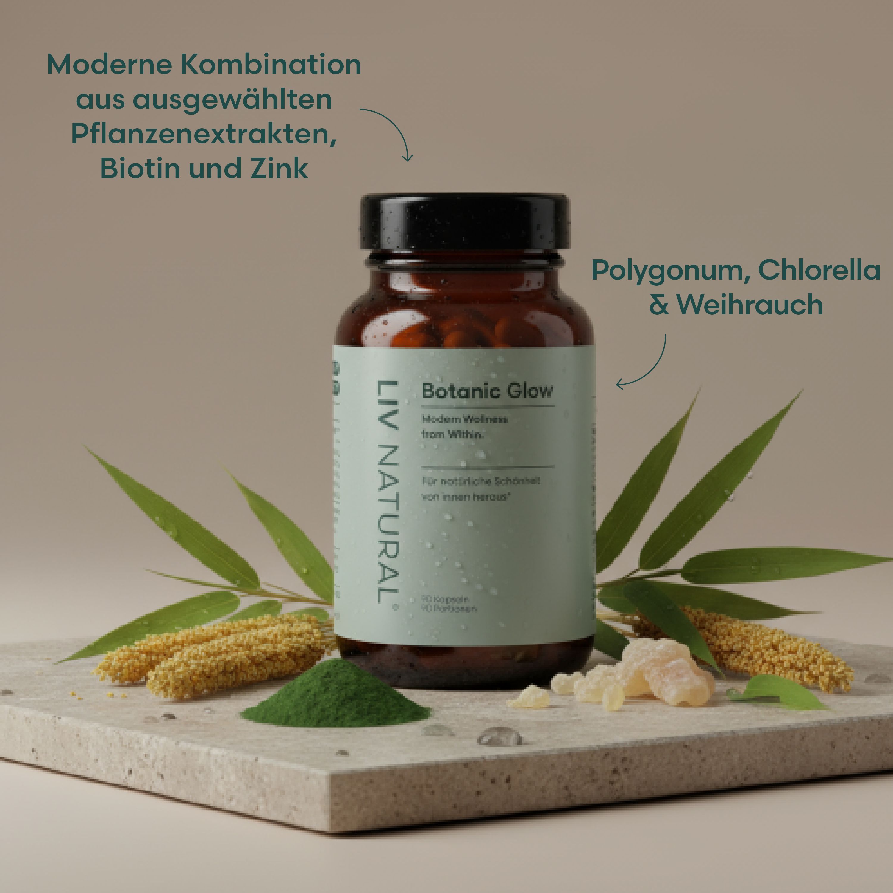 Braune Glasflasche mit schwarzen Deckel. Aufschrift: LIV NATURAL Botanic Glow. Mit Pflanzen und Zutaten.