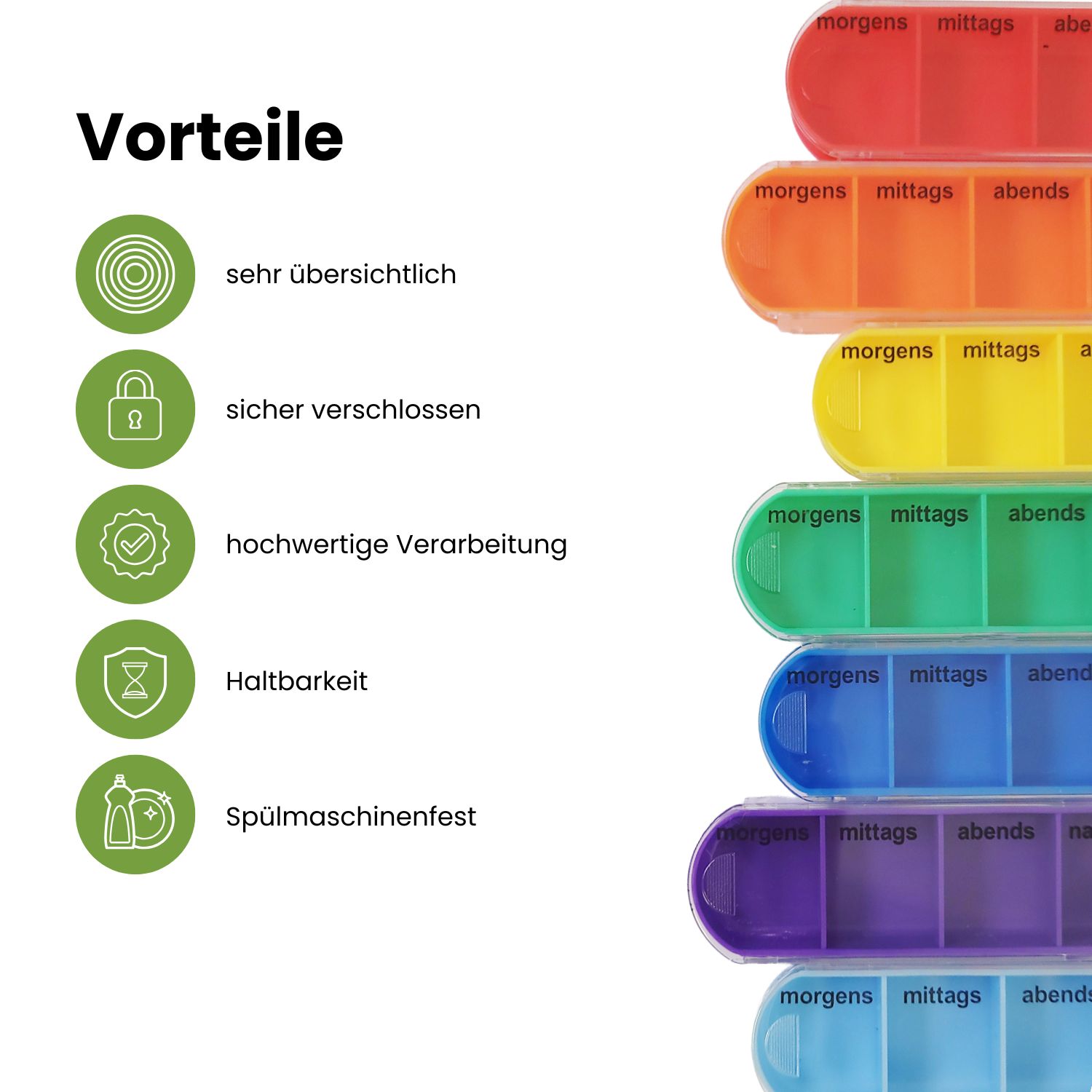 Tablettenboxen mit farbigen Fächern für die Tageszeiten. Vorteile: übersichtlich, sicher, hochwertig, haltbar.