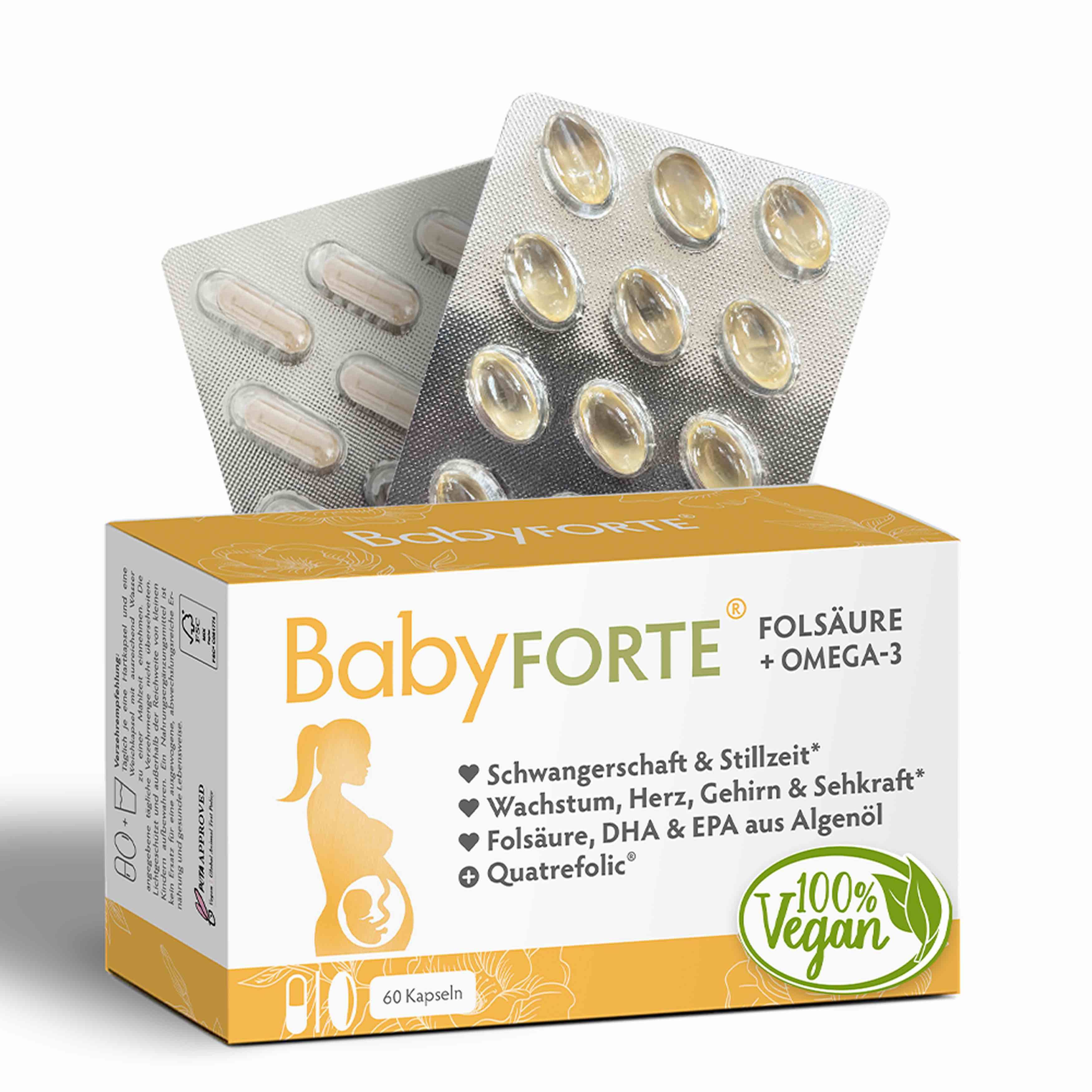 Verpackung mit Kapseln und Blisterpackungen. Aufschrift BabyFORTE, Folsäure + Omega-3, 100% Vegan. 60 Kapseln.