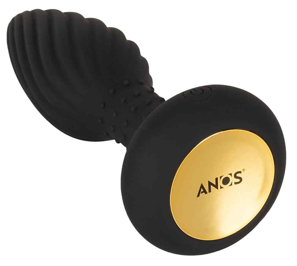 Schwarzer Anos RC Butt Plug mit goldfarbener Basis. Die Basis trägt das Logo. Das Produkt hat eine geriffelte Spitze.