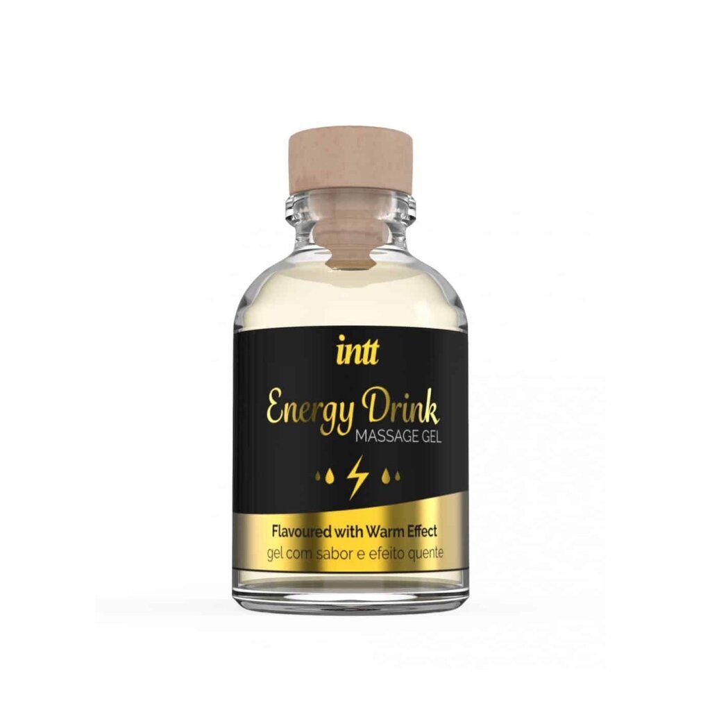 Glasflasche mit schwarzem Etikett. Aufschrift: intt Energy Drink Massage Gel. Goldener Schriftzug. Mit Holzverschluss.