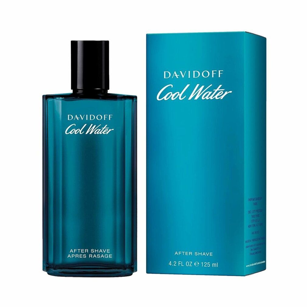 Davidoff Cool Water After Shave Flakon und Verpackung. Blaues Glas, schwarzer Verschluss. Text: Davidoff Cool Water, After Shave.