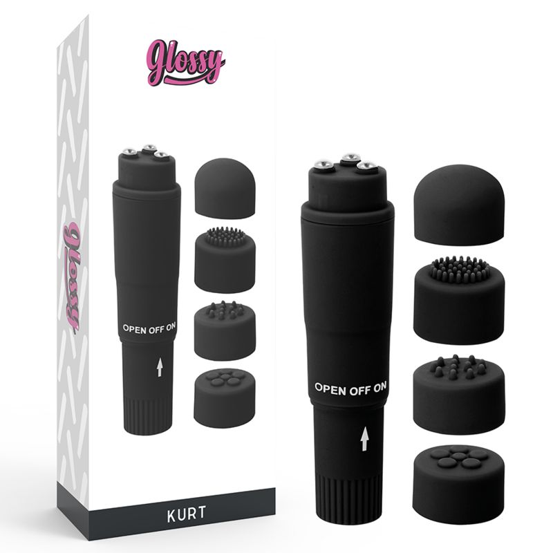 Schwarzer Mini-Massagevibrator mit vier Aufsätzen: glatt, Bürste, Noppen und Kugeln.