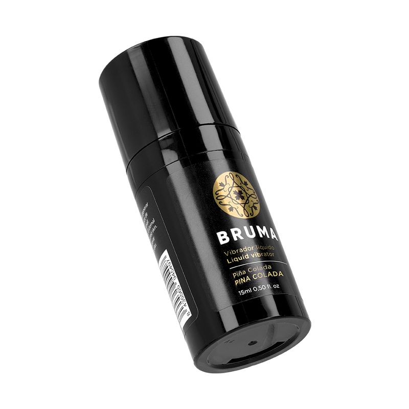 Schwarze Flasche Bruma, Produkt: Flüssigvibrator, Pina Colada. Text: 15ml 0.50 fl oz.
