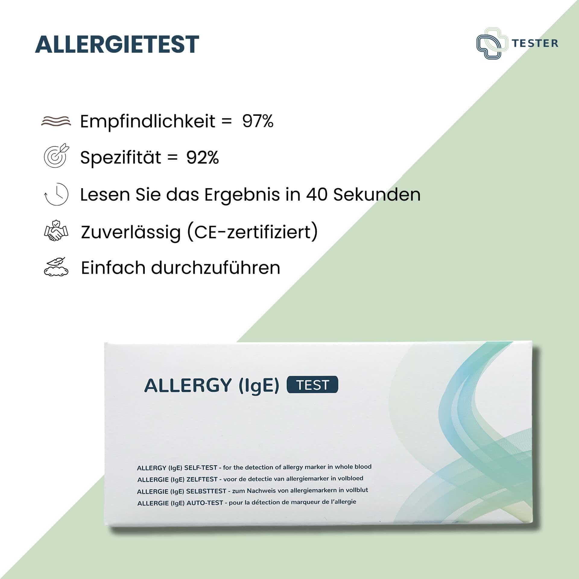 Allergietest-Box mit CE-Zertifizierung, Sensitivität 97%, Spezifität 92%, Ergebnis in 40s.