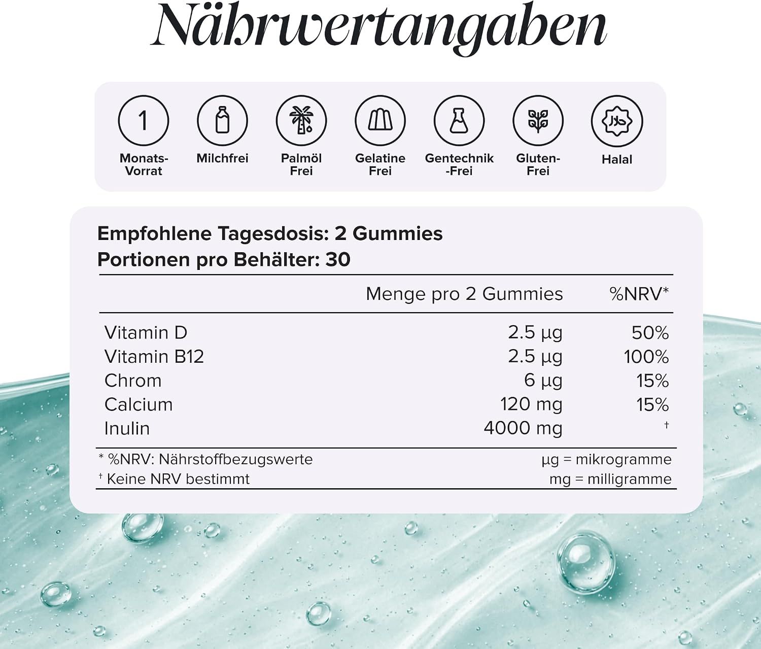 Nährwertangaben für ein Nahrungsergänzungsmittel mit Vitamin D, B12, Chrom, Calcium, Inulin.