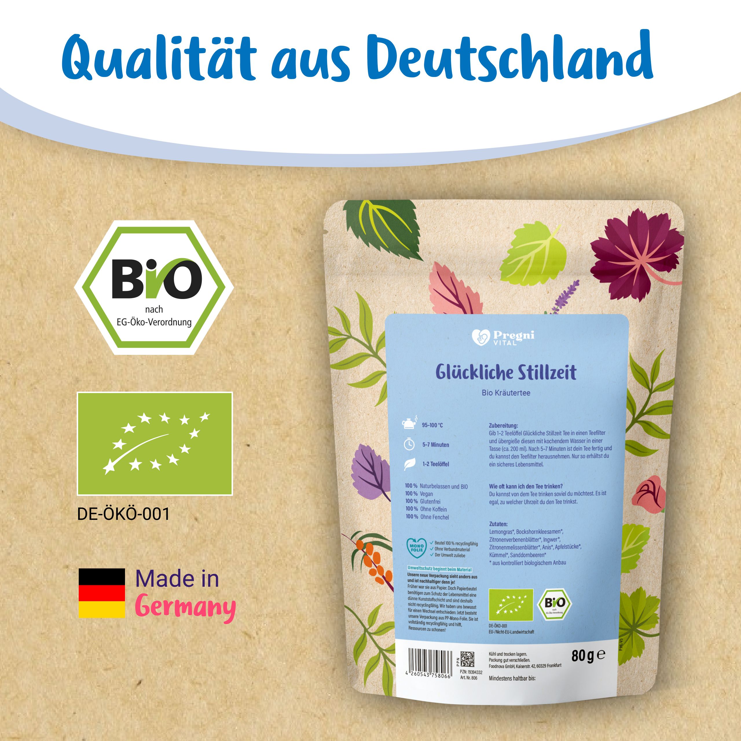 Beutel mit BIO Kräutertee, "Made in Germany" und BIO Siegel.