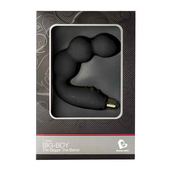 Schwarzes Wellness-Produkt in Verpackung. Geformt mit drei Kugeln und einem gebogenen Schaft. Goldfarbene Spitze. Text: Big-Boy, The Bigger The Better.