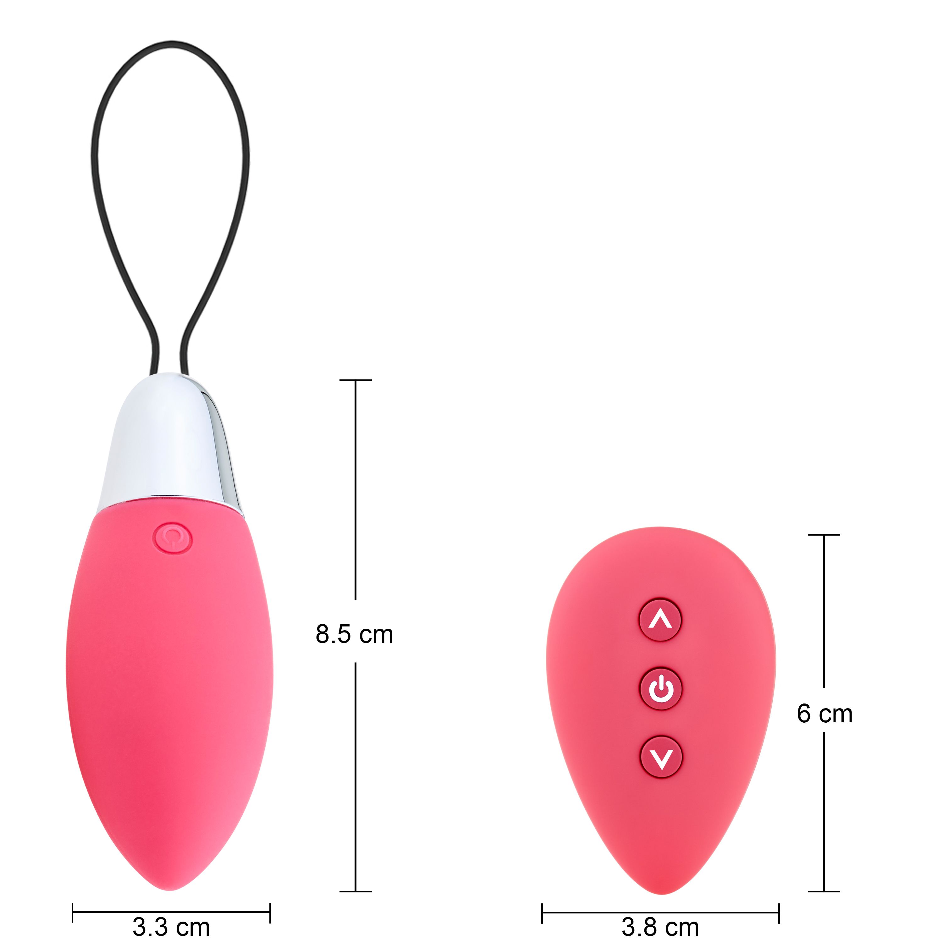 Rosa Vibrator mit schwarzer Schlaufe und separater Fernbedienung. Abmessungen: 8,5 cm x 3,3 cm und 6 cm x 3,8 cm.