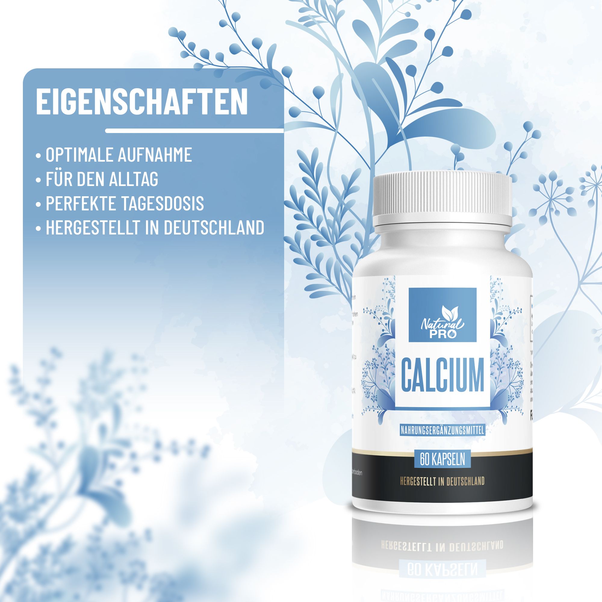 Weiße Pillenflasche mit Natural Pro Calcium-Etikett. Text: 60 Kapseln. Eigenschaften aufgelistet.