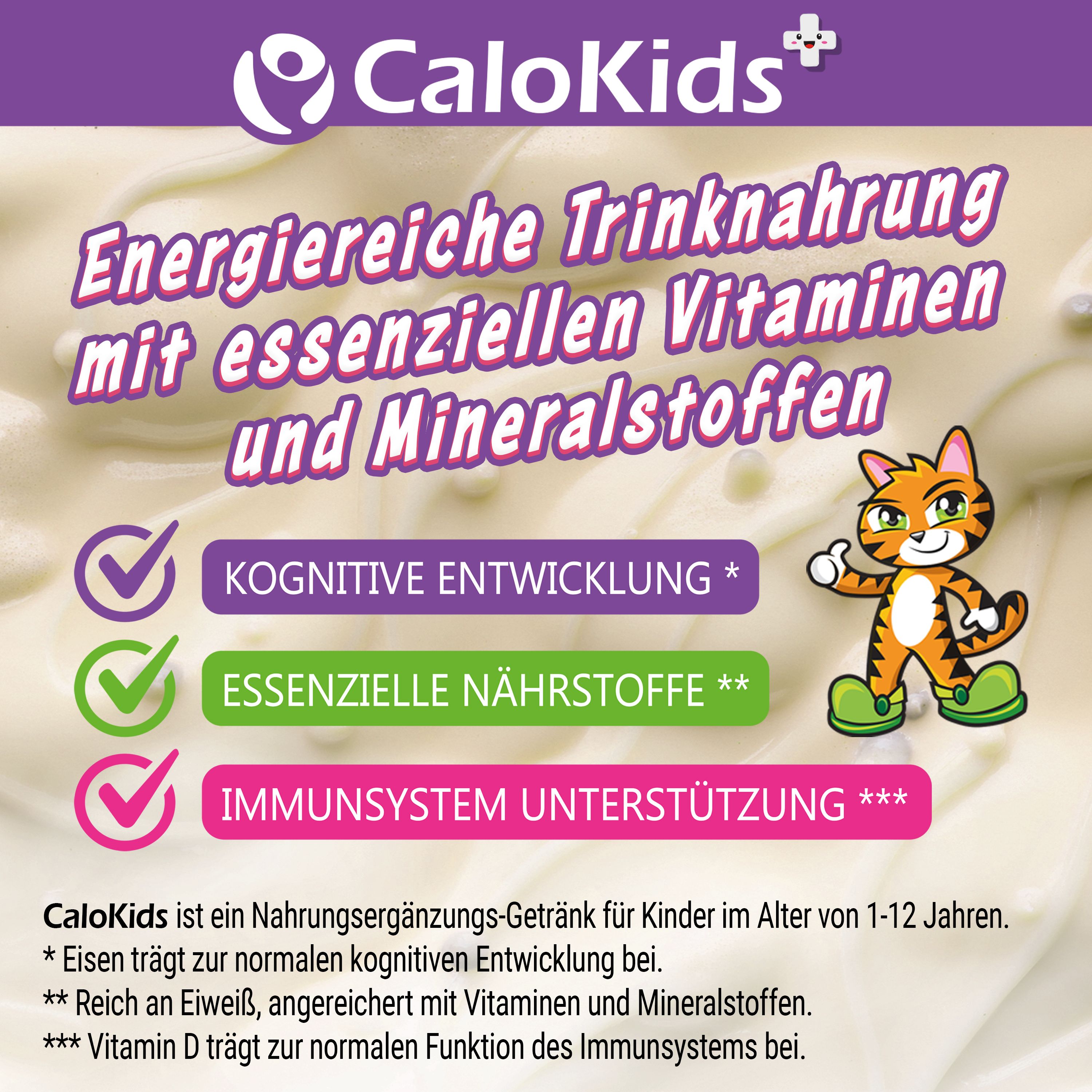 CaloKids-Logo, Text: Trinknahrung mit Vitaminen und Mineralstoffen, kognitive Entwicklung, Nährstoffe, Immunsystem.