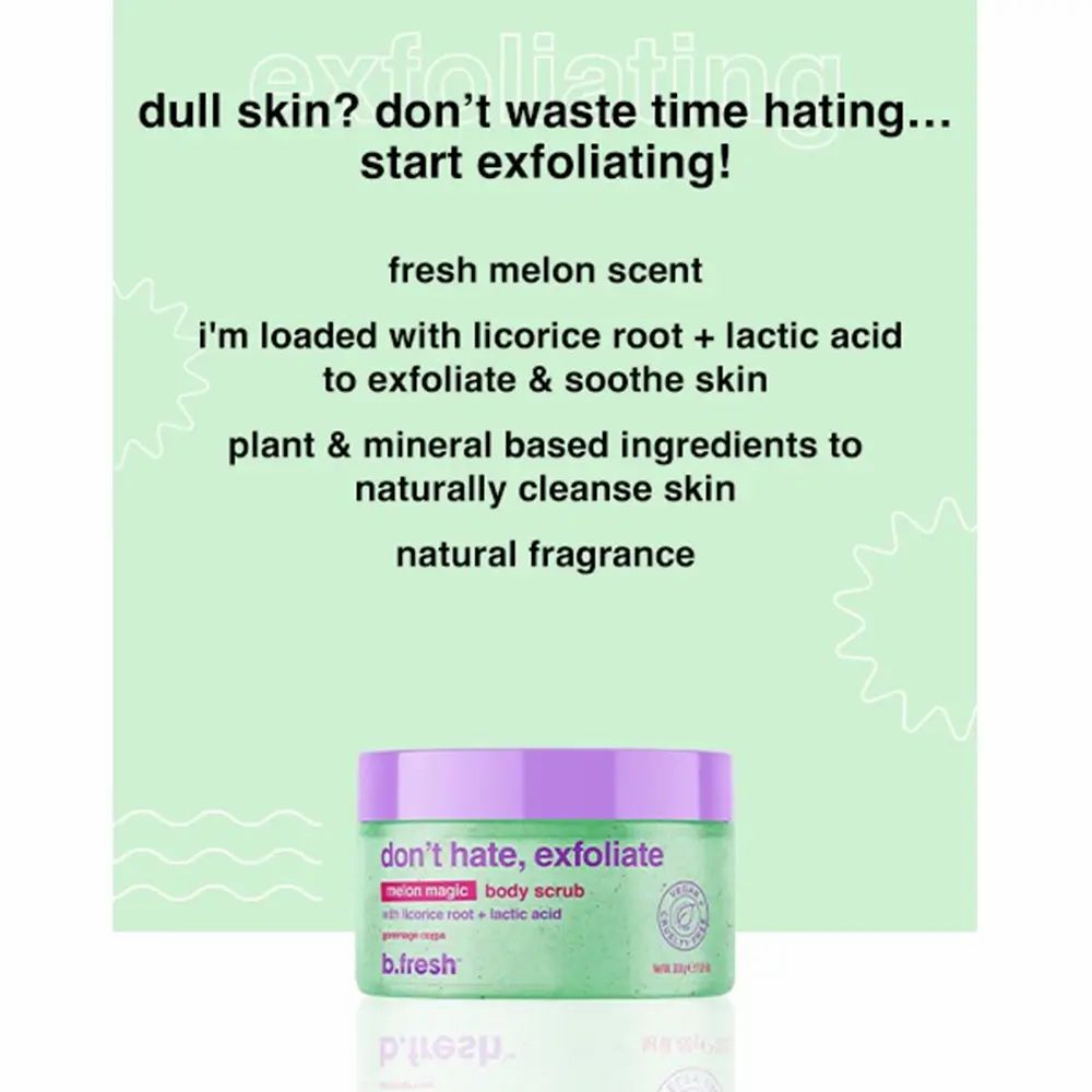 Körperpeeling mit lila Deckel. Text: don't hate, exfoliate, melon magic body scrub. Vegan-Siegel.