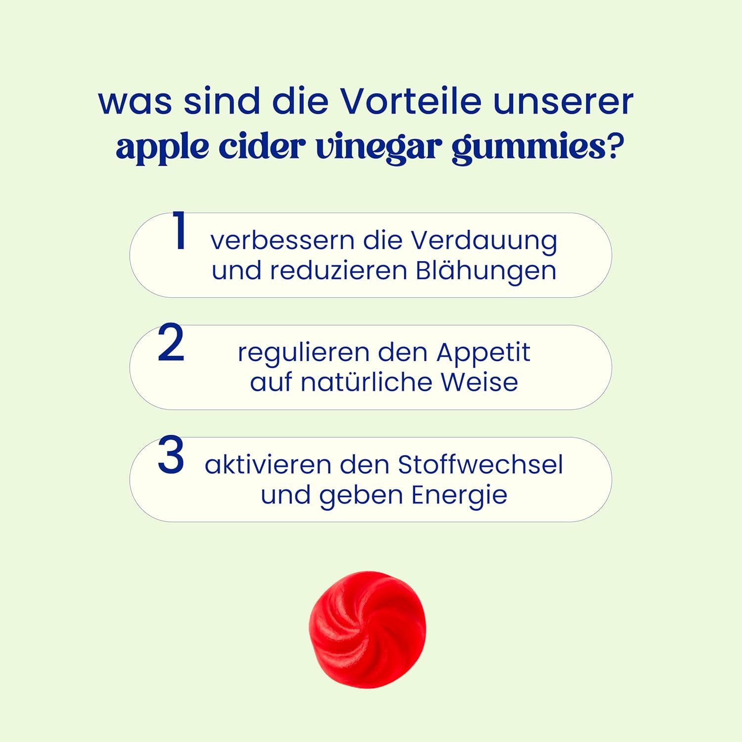 Vorteile der Apfelessig-Gummibärchen: Verdauung, Appetitregulierung, Stoffwechselaktivierung. Ein einzelnes Gummibärchen.