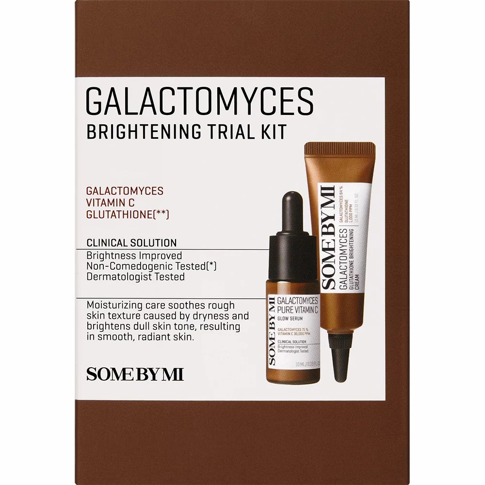 Set mit Creme, Serum und Ampulle. Braune Verpackung mit weißer Schrift. Marke: SOME BY MI. Text: Galactomyces Brightening Trial Kit.