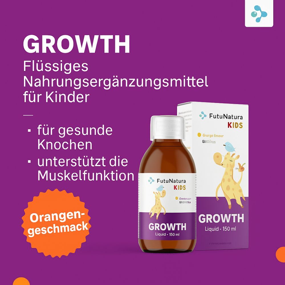 Produkt: FutuNatura Kids Growth. Flasche und Karton. Aufschrift: Orange Geschmack. Unterstützt die Muskelfunktion.