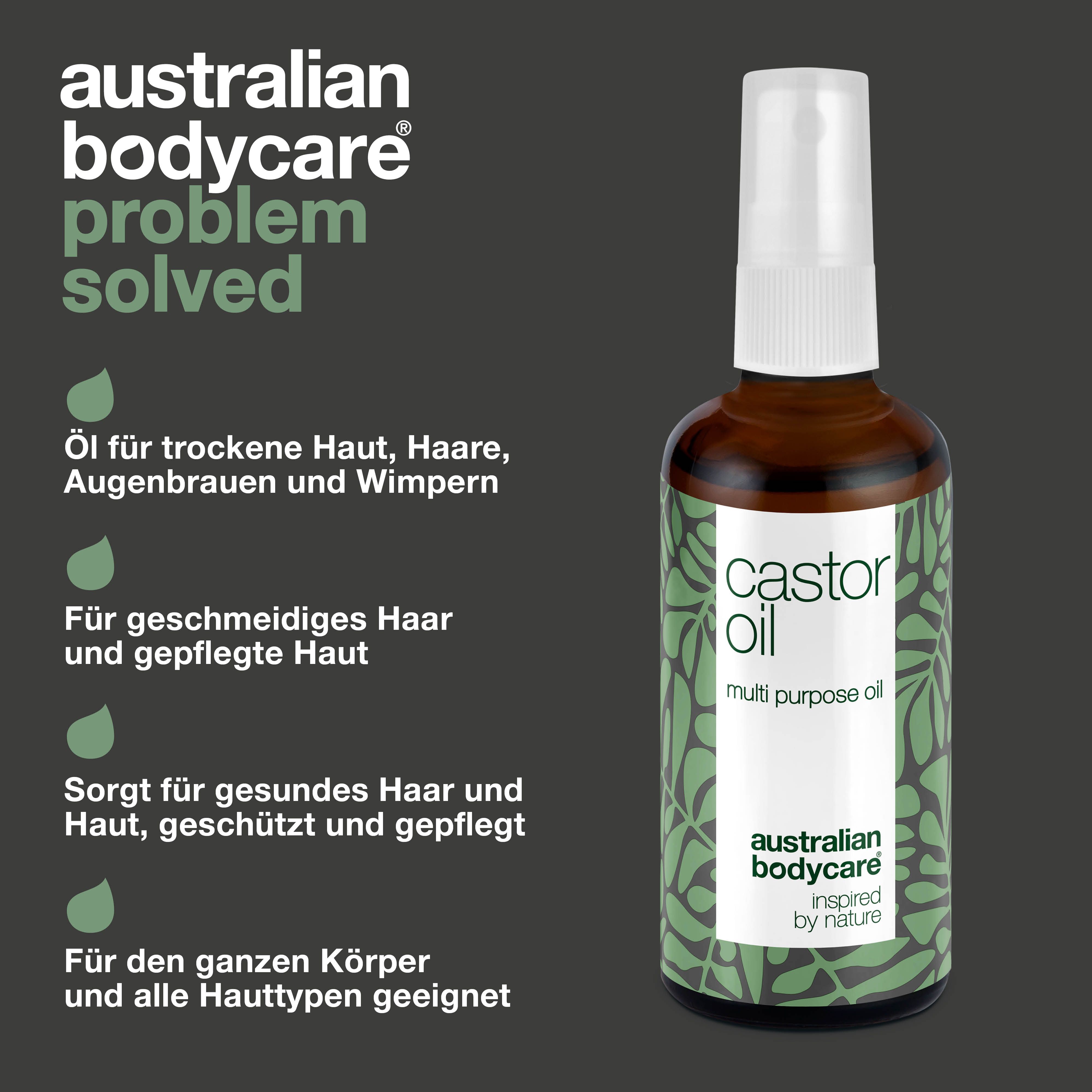 Produktflasche neben Text: Öl für trockene Haut, Haare, Augenbrauen und Wimpern. Für geschmeidiges Haar.