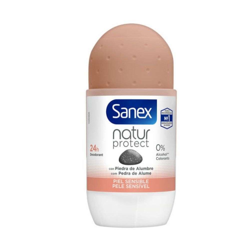 Deodorant-Roller Sanex Natur Protect Sensitive Haut. Weiß-rosa Flasche mit braunem Rollkopf. Text: 24h, 0% Alcohol, Piel Sensible.