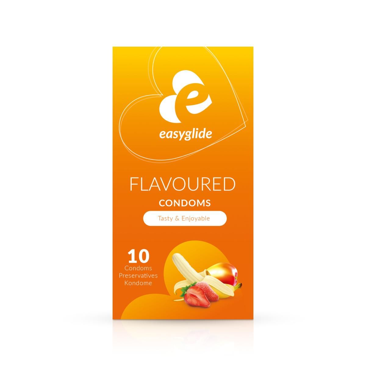 Packung mit 10 Easyglide Flavoured Kondomen mit Erdbeer- und Bananenabbildung.