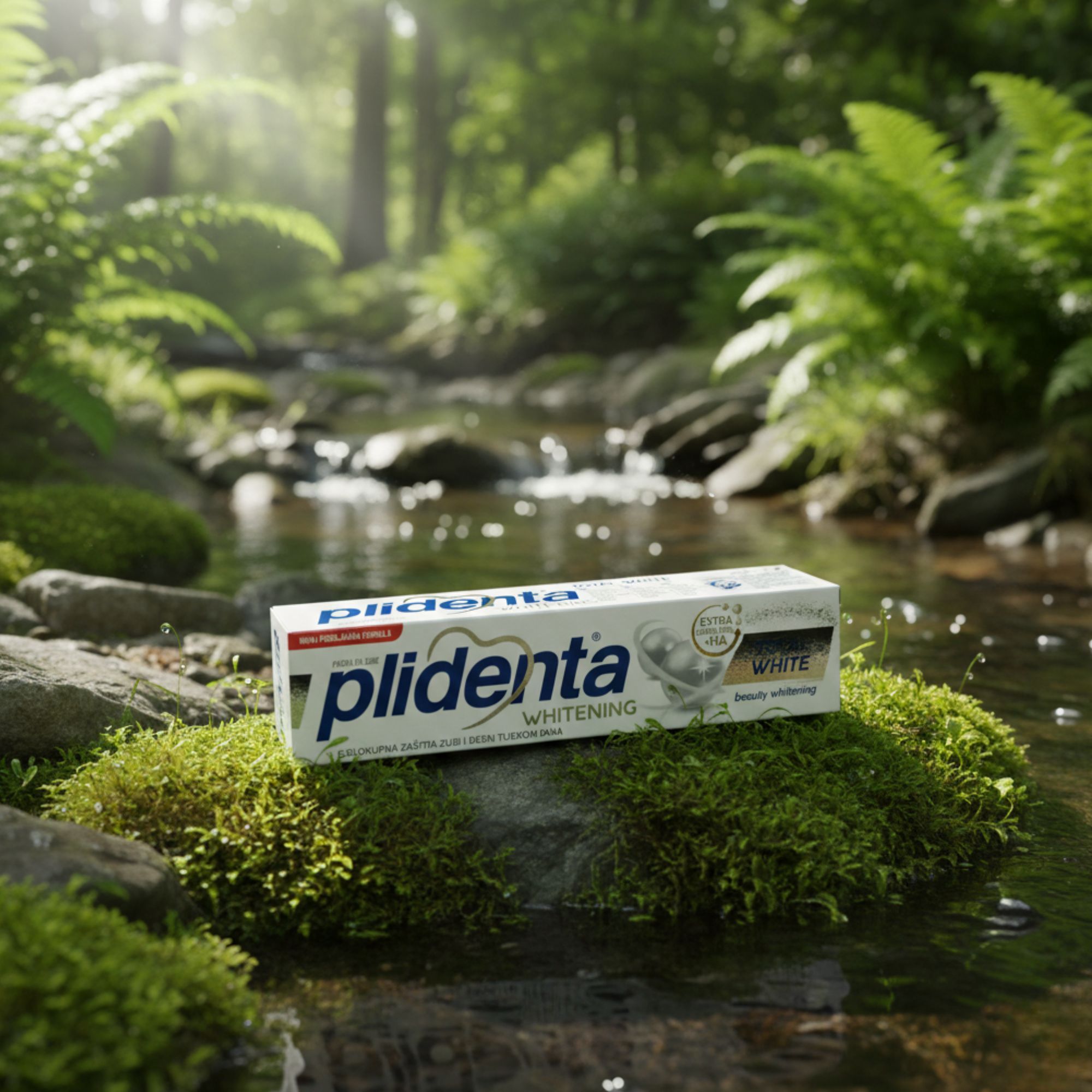 Zahnpasta auf Moos in Bach. Produktname: Plidenta Total White. Umgebung: Natur, Wald.