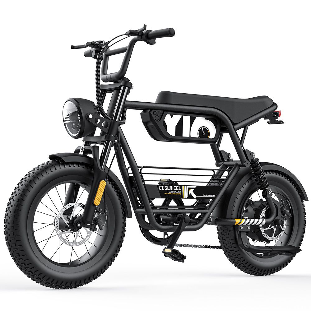 Schwarzes Elektrofahrrad mit runden Scheinwerfern, breiten Reifen und Gepäckträger. COSWHEEL-Logo sichtbar.