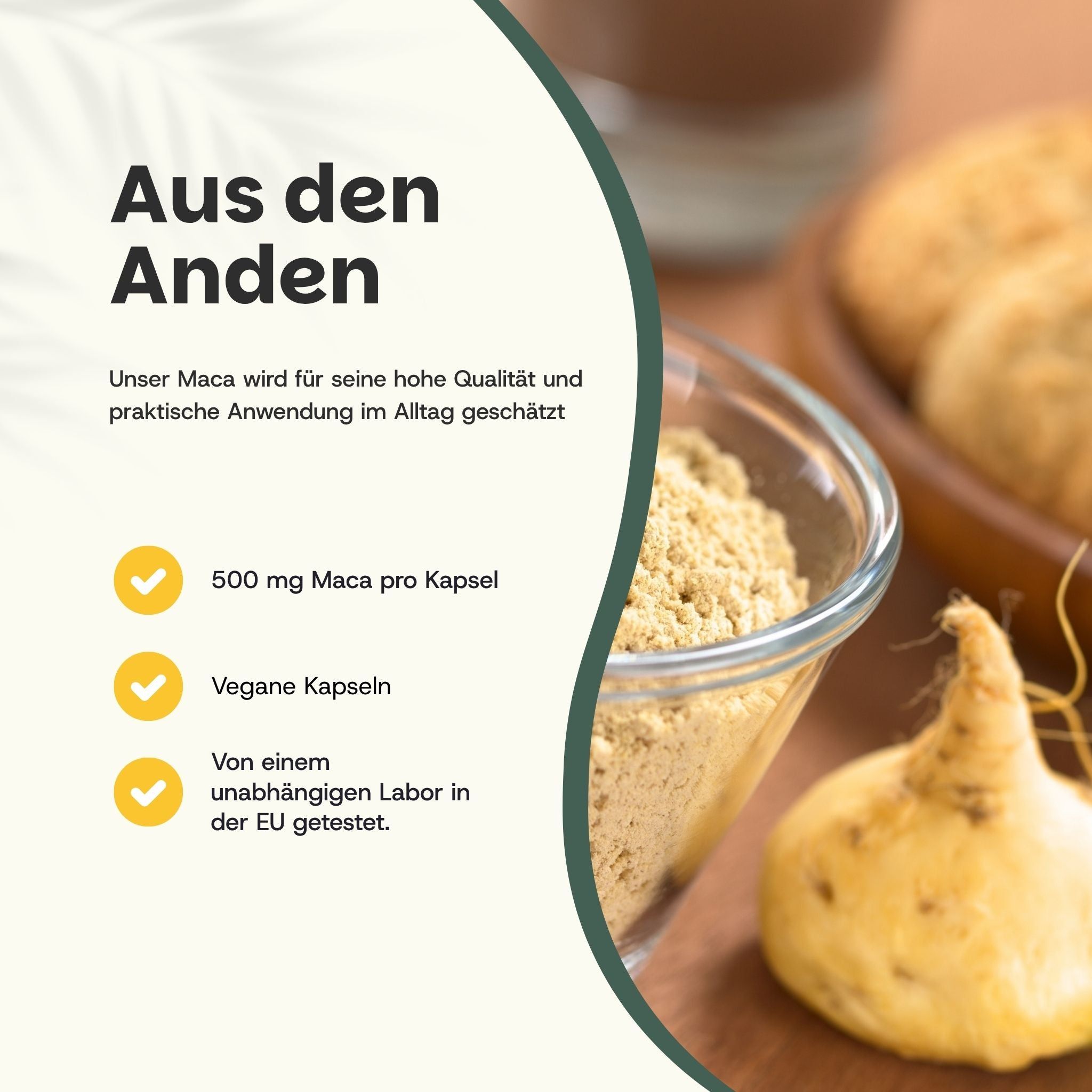 Schüssel mit Pulver, daneben Maca-Knolle. Text: 500 mg Maca pro Kapsel, vegane Kapseln, Labor in der EU getestet.