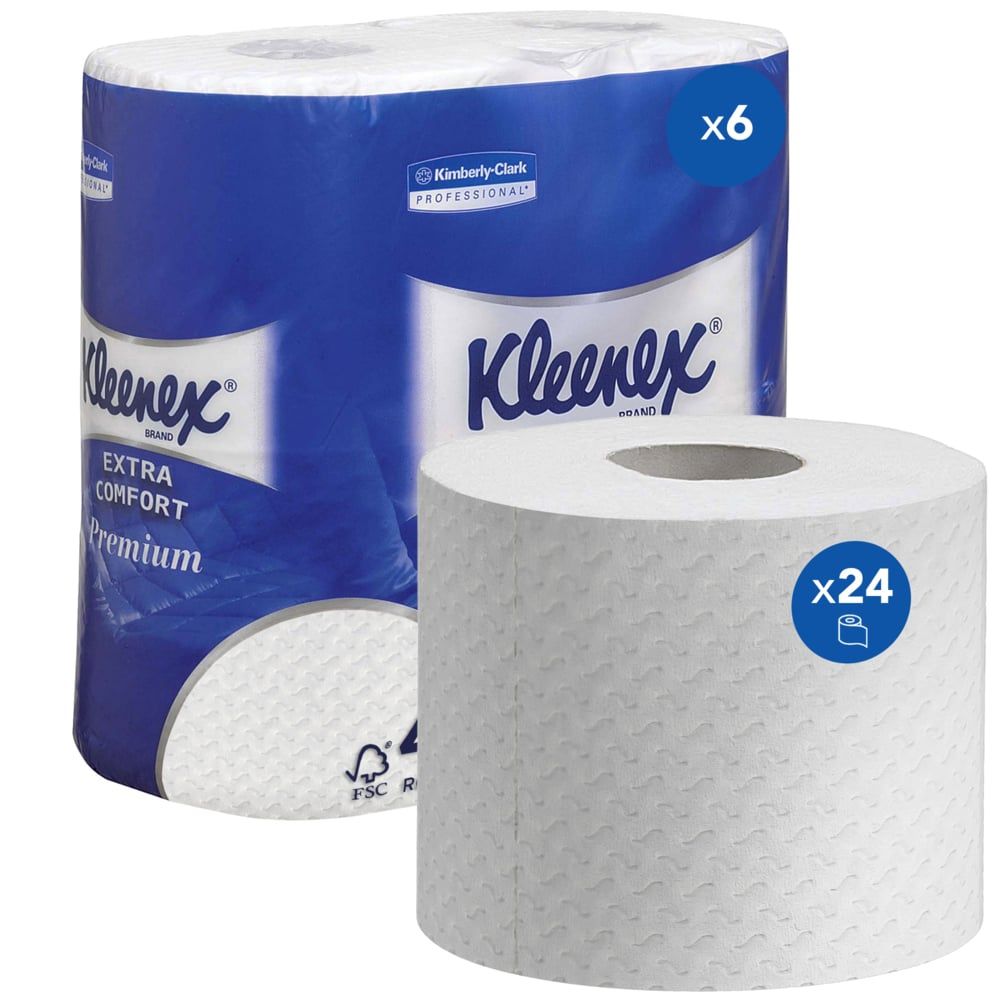 Kleenex Toilettenpapierrollen. Packung mit 6 Rollen, blaue Verpackung. Einzelne Rolle mit x24. FSC-Zertifizierung.