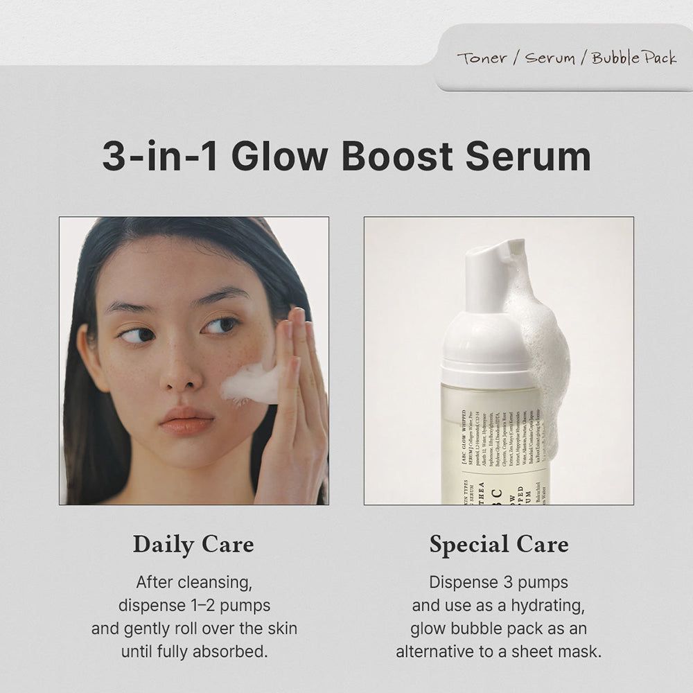 Zwei Bilder zeigen die tägliche und spezielle Anwendung des 3-in-1 Glow Boost Serums.