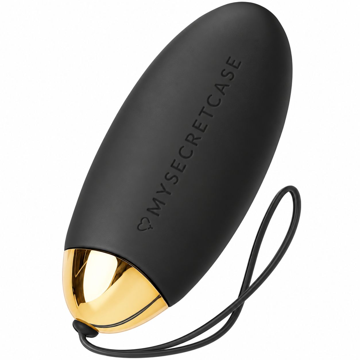 Schwarzer Vibrator mit goldener Spitze und Lanyard.