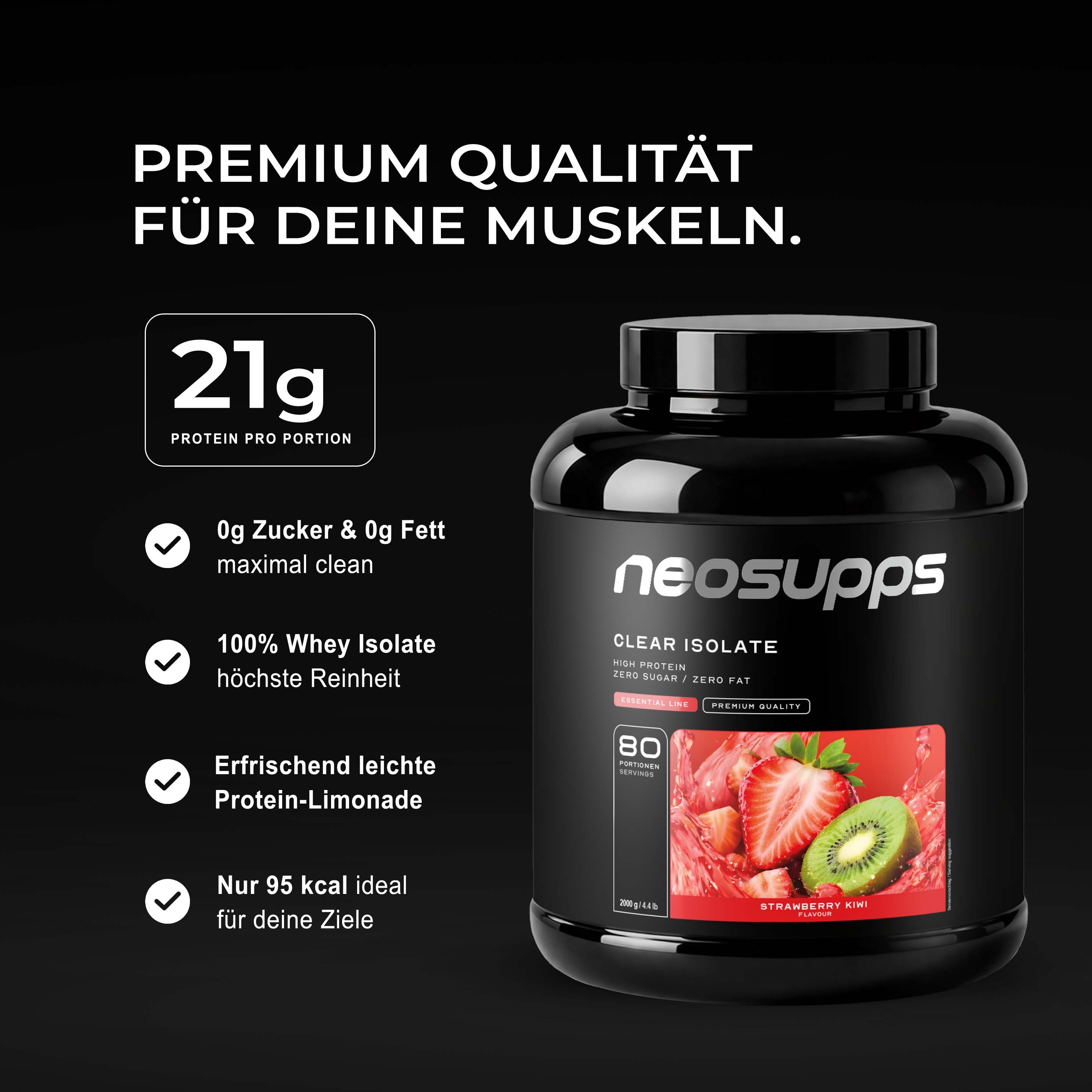 Neosupps Clear Isolate Protein Pulver Behälter mit Auflistung von Produkteigenschaften wie 21g Protein pro Portion und Erdbeer-Kiwi-Geschmack.