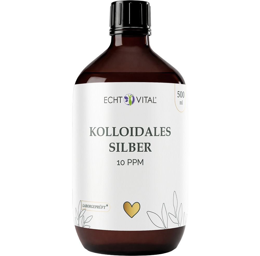Braune Glasflasche mit weißem Etikett: Kolloidales Silber 10 ppm, 500 ml. "Echt Vital" Logo und Herzsymbol.
